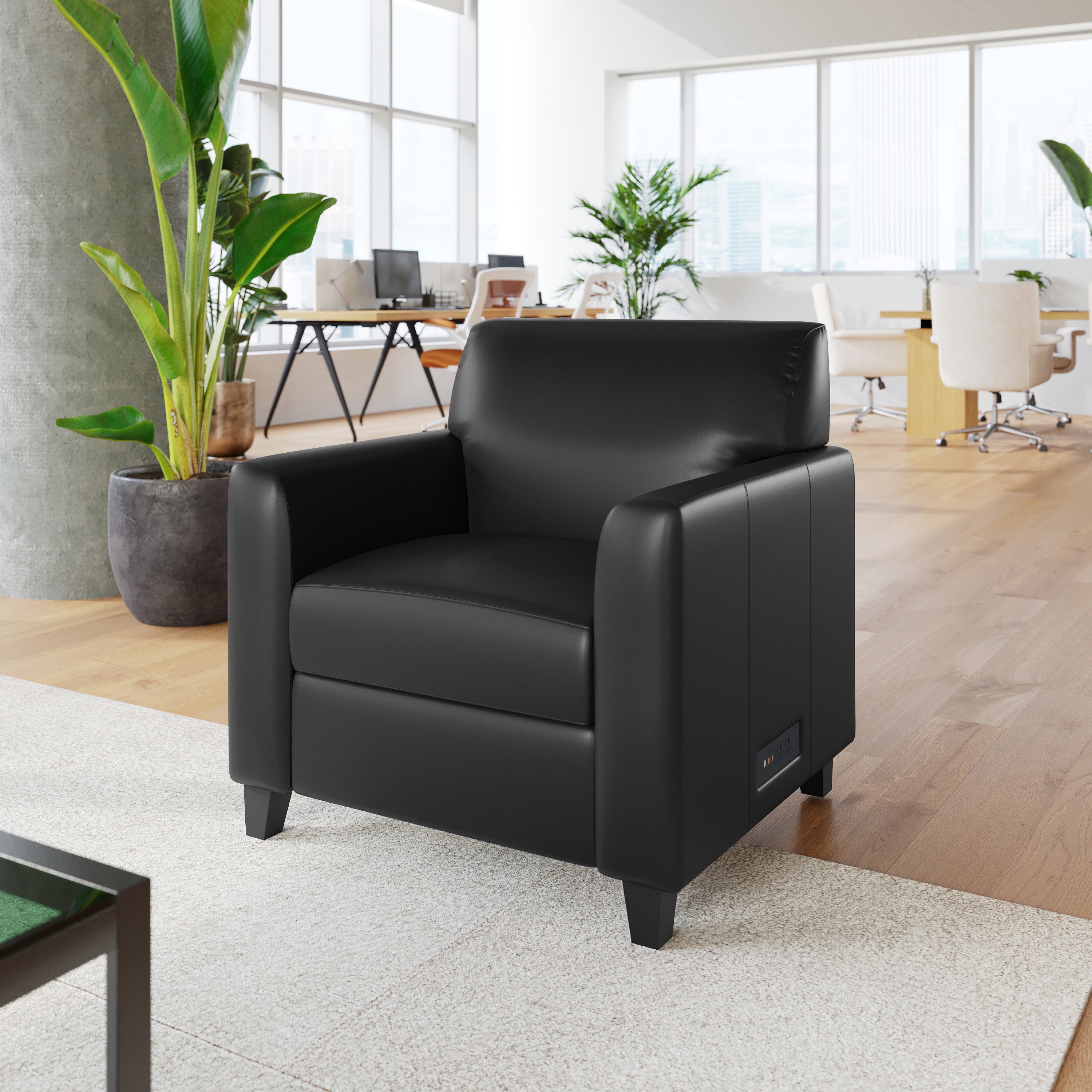Agent Black LeatherSoft Reception Chair with Right Side Charging Bank, Includes 2 Outlets, 2USB Ports, 1 USB-C Port, Solid Wood Legs