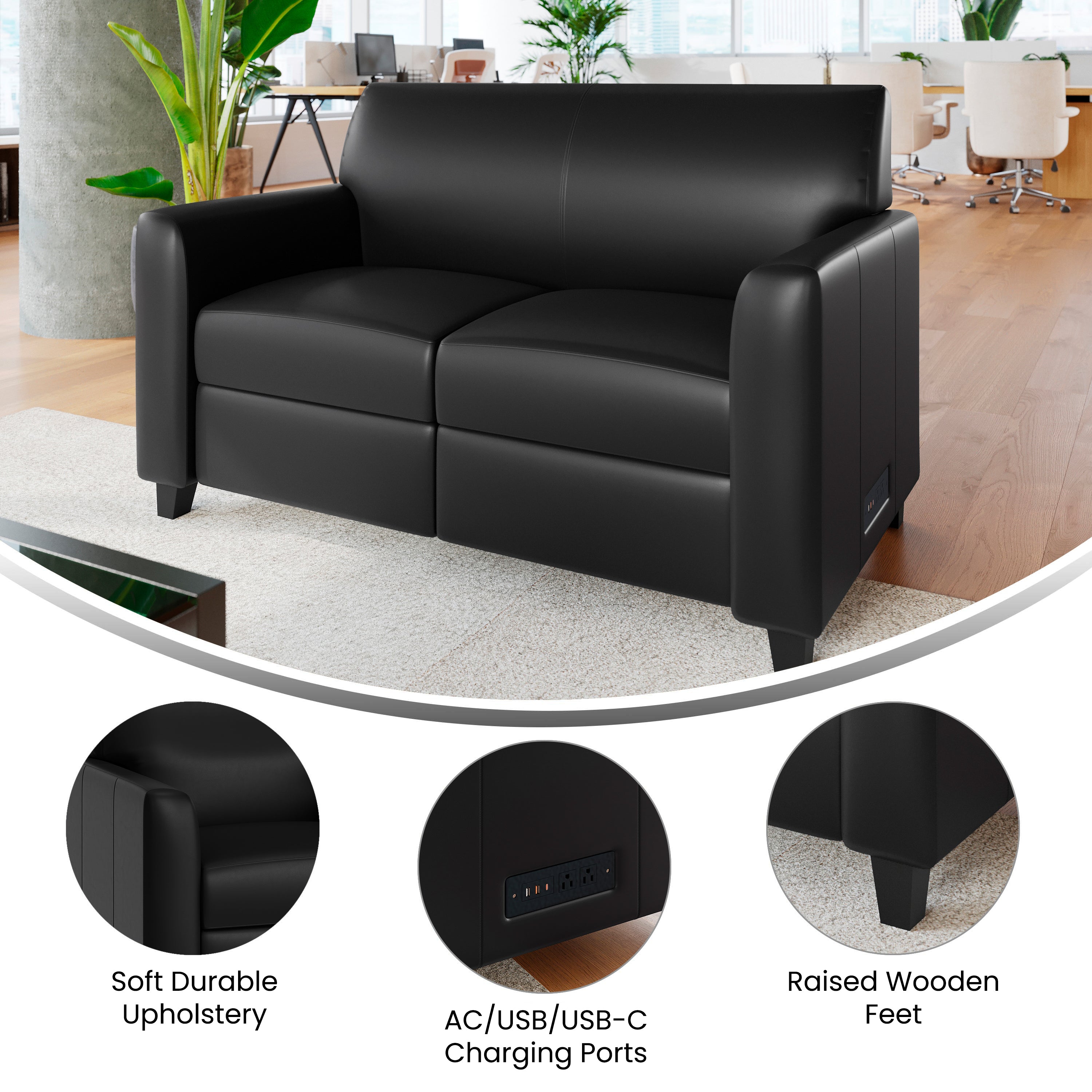 Agent Black LeatherSoft Reception Loveseat with Right Side Charging Bank, Includes 2 Outlets, 2USB Ports, 1 USB-C Port, Solid Wood Legs