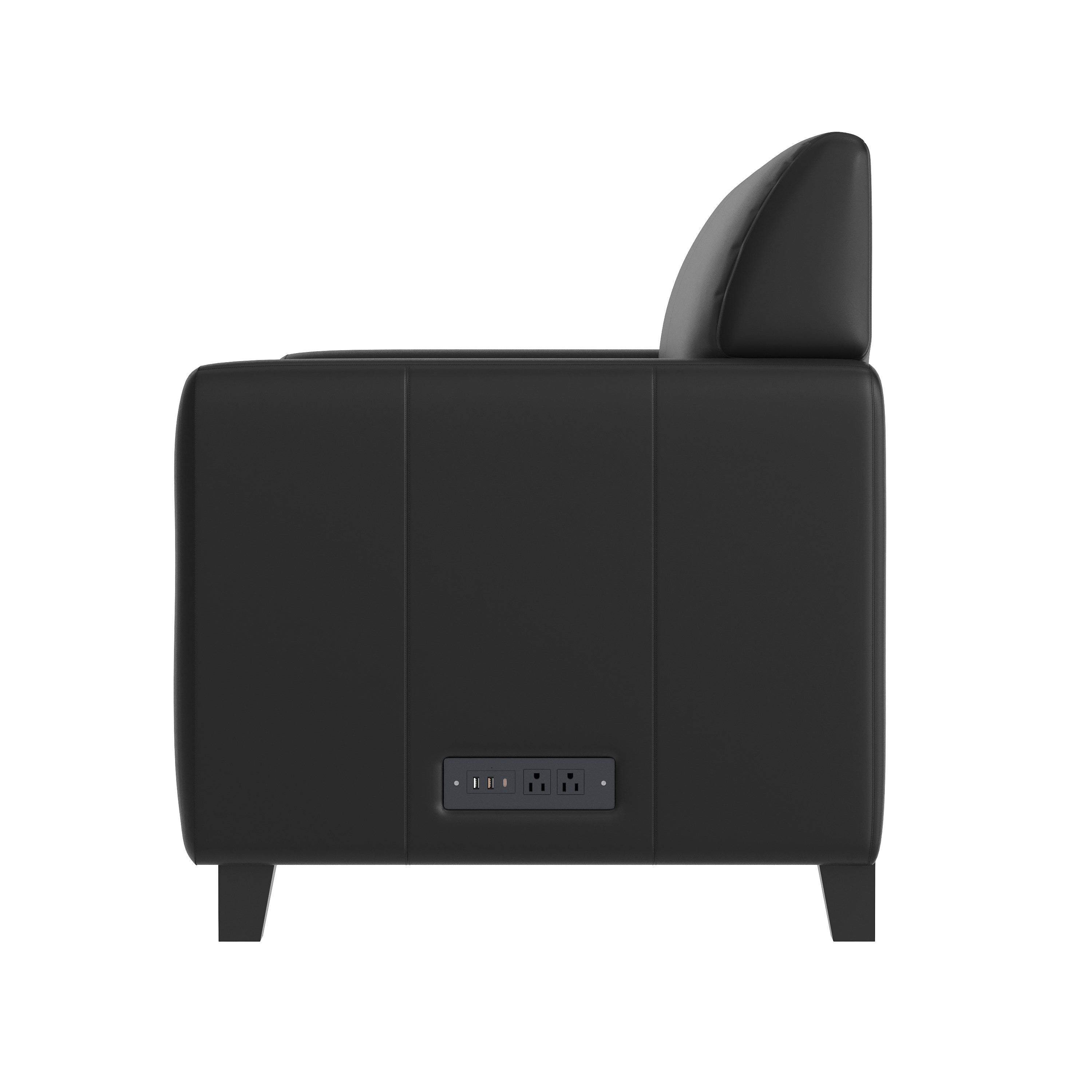 Agent Black LeatherSoft Reception Loveseat with Right Side Charging Bank, Includes 2 Outlets, 2USB Ports, 1 USB-C Port, Solid Wood Legs