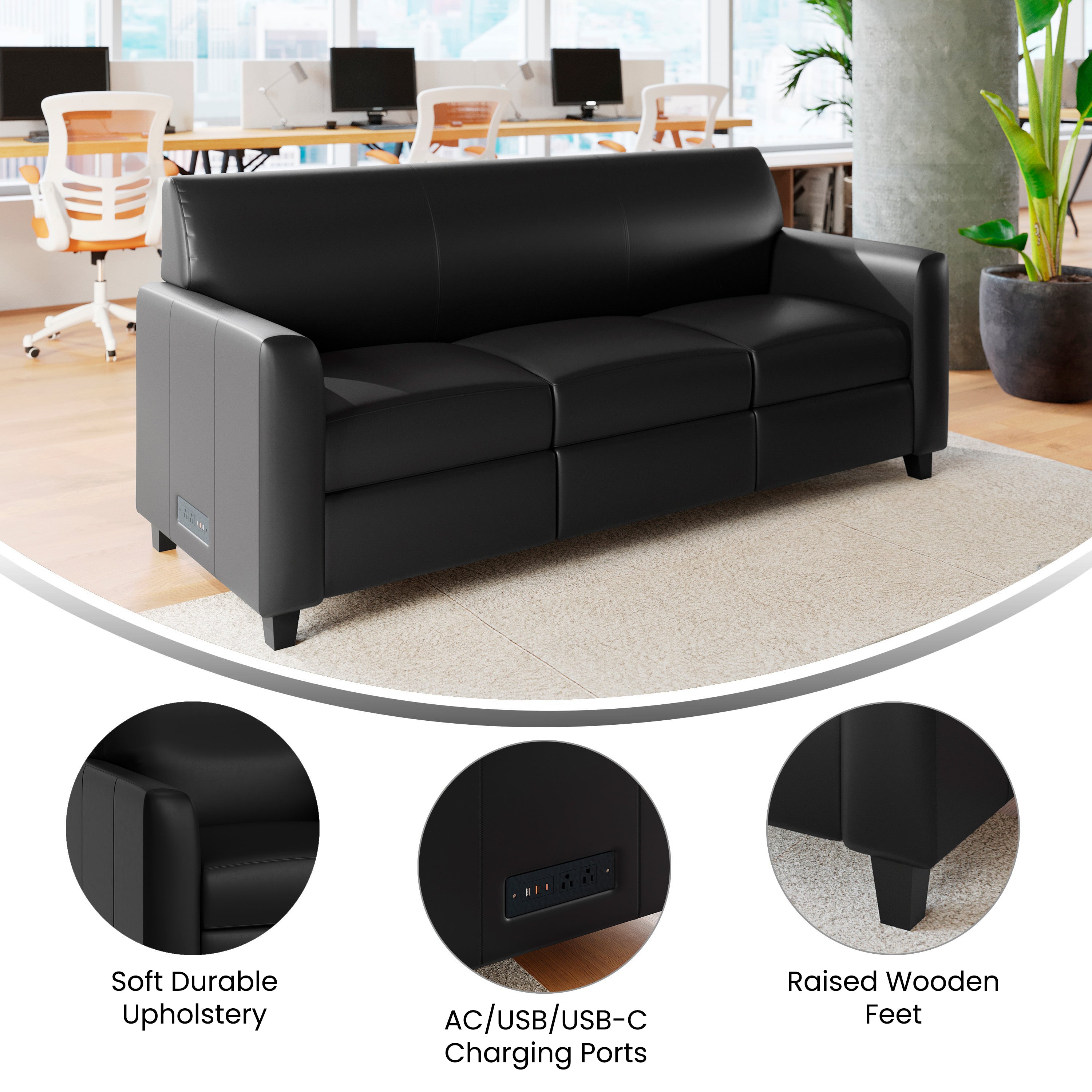 Agent Black LeatherSoft Reception Sofa with Left and Right Side Charging Banks, Includes 2 Outlets, 2USB Ports, 1 USB-C Port, Solid Wood Legs