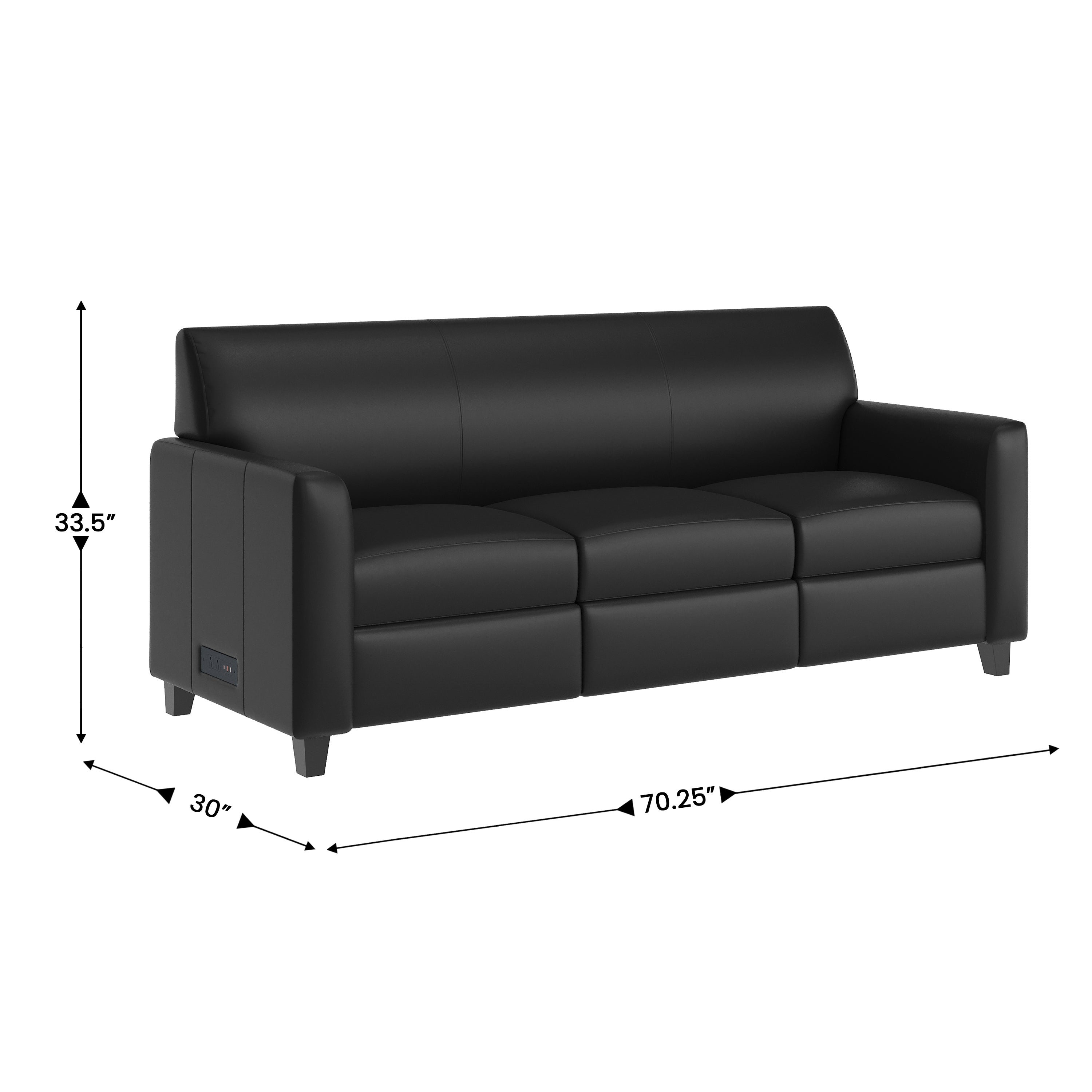 Agent Black LeatherSoft Reception Sofa with Left and Right Side Charging Banks, Includes 2 Outlets, 2USB Ports, 1 USB-C Port, Solid Wood Legs