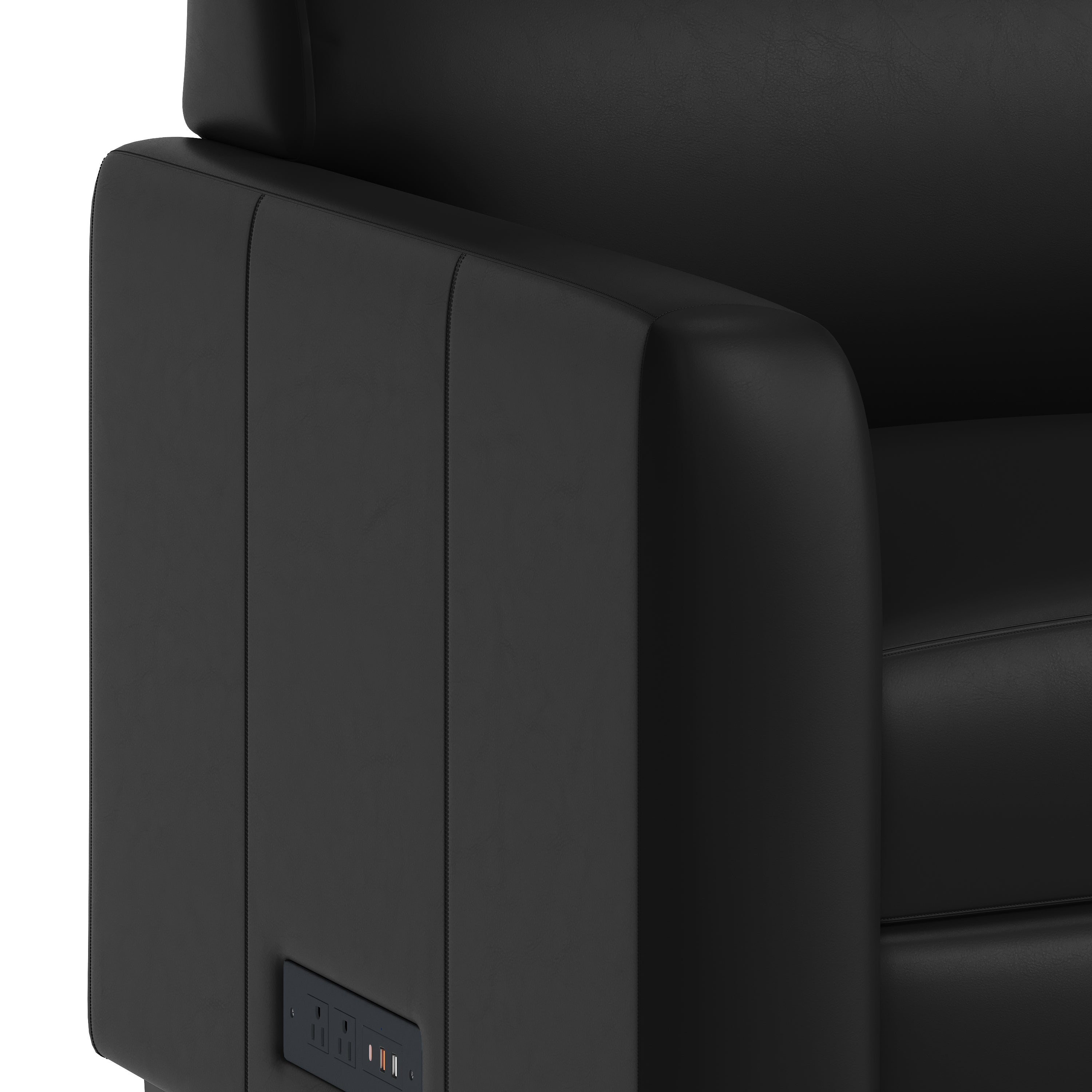 Agent Black LeatherSoft Reception Sofa with Left and Right Side Charging Banks, Includes 2 Outlets, 2USB Ports, 1 USB-C Port, Solid Wood Legs