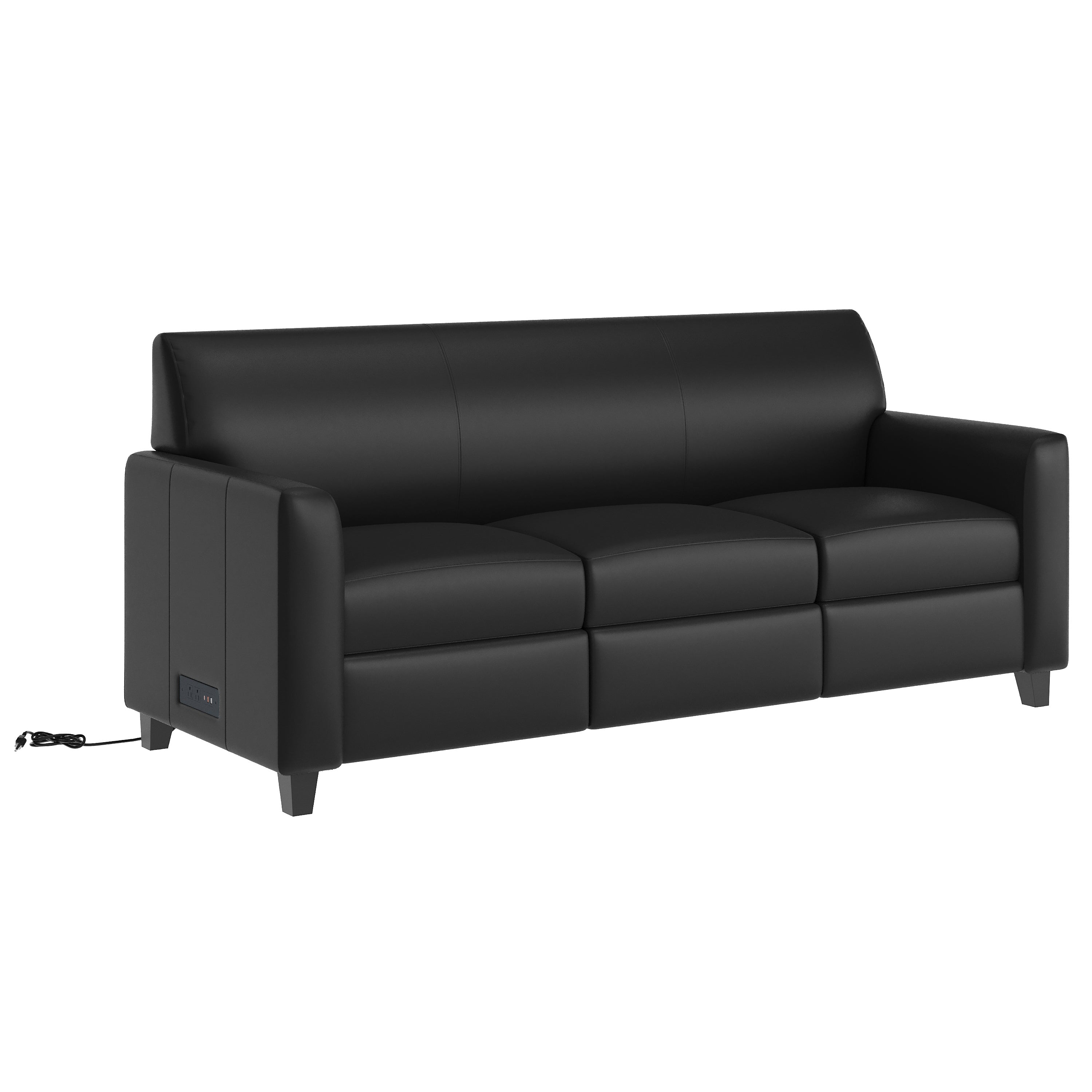 Agent Black LeatherSoft Reception Sofa with Left and Right Side Charging Banks, Includes 2 Outlets, 2USB Ports, 1 USB-C Port, Solid Wood Legs