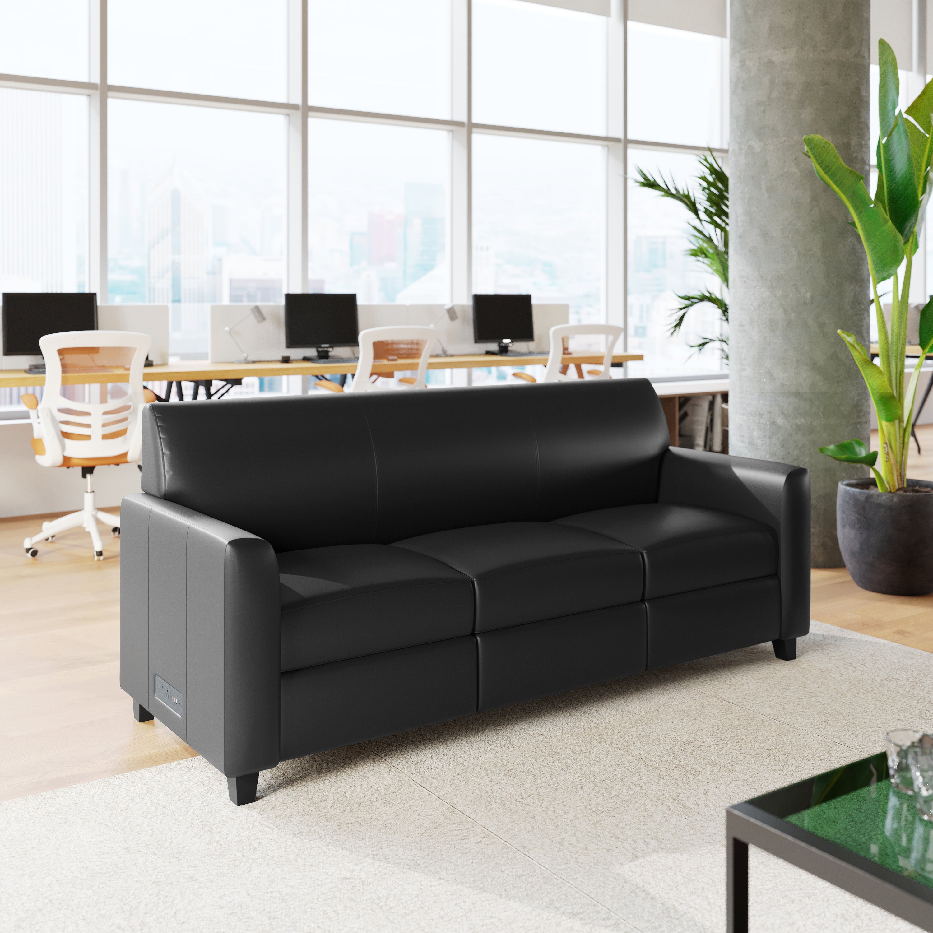 Agent Black LeatherSoft Reception Sofa with Left and Right Side Charging Banks, Includes 2 Outlets, 2USB Ports, 1 USB-C Port, Solid Wood Legs