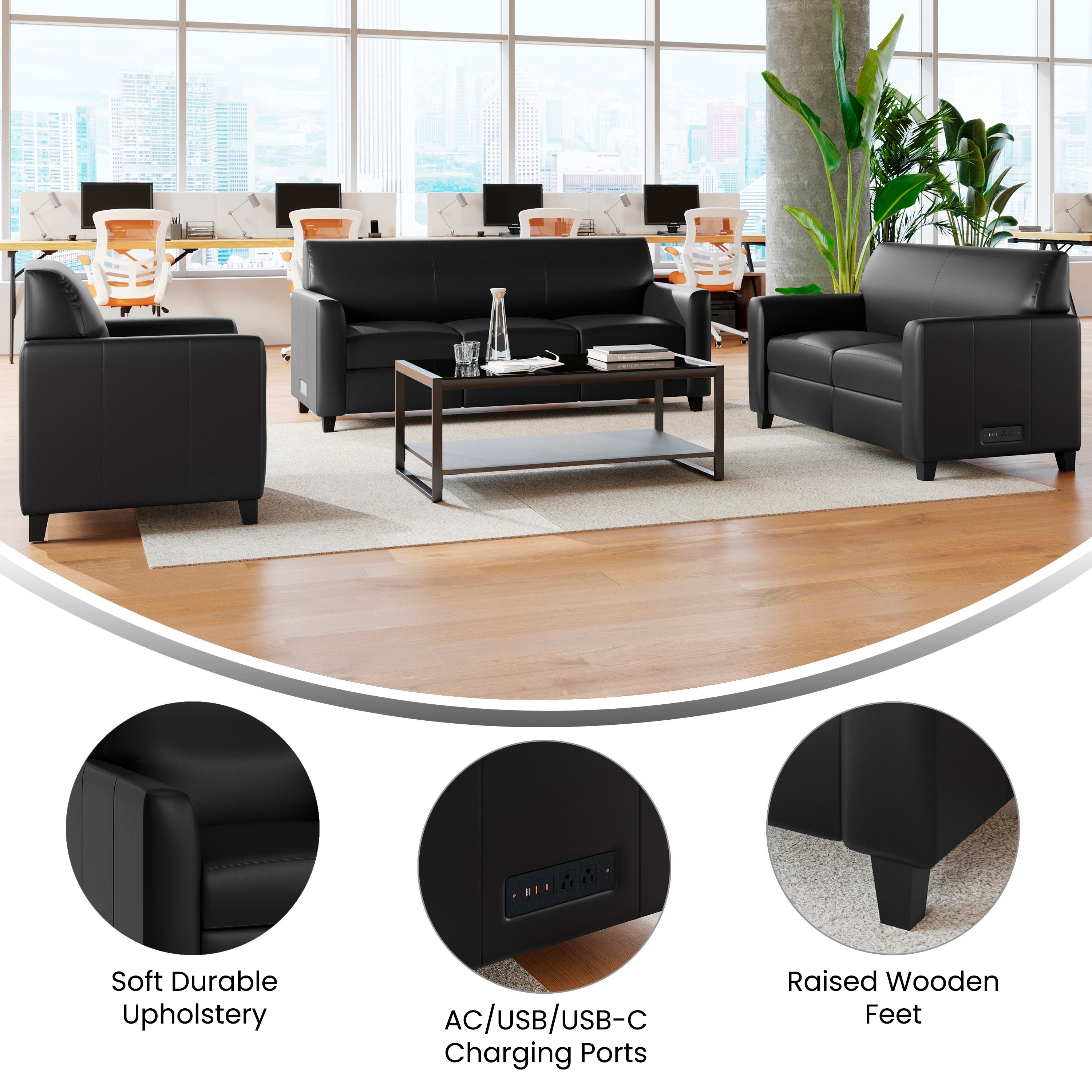 Agent 3 Piece Reception Set with Charging Banks and Solid Wood Legs in Black LeatherSoft