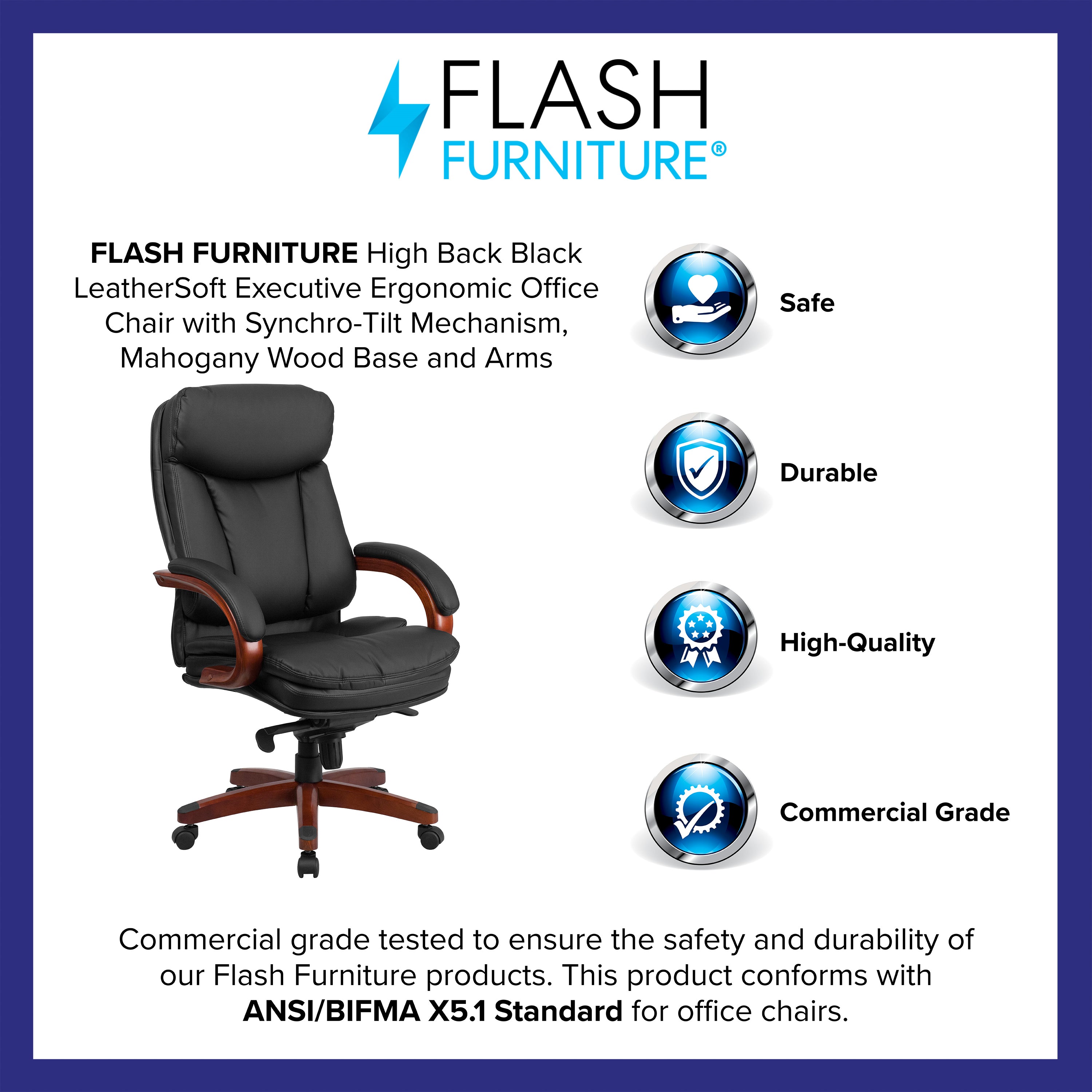Hansel High Back Black LeatherSoft Executive Ergonomic Office Chair with Synchro-Tilt Mechanism, Mahogany Wood Base and Arms