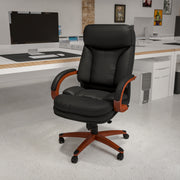 Hansel High Back Black LeatherSoft Executive Ergonomic Office Chair with Synchro-Tilt Mechanism, Mahogany Wood Base and Arms
