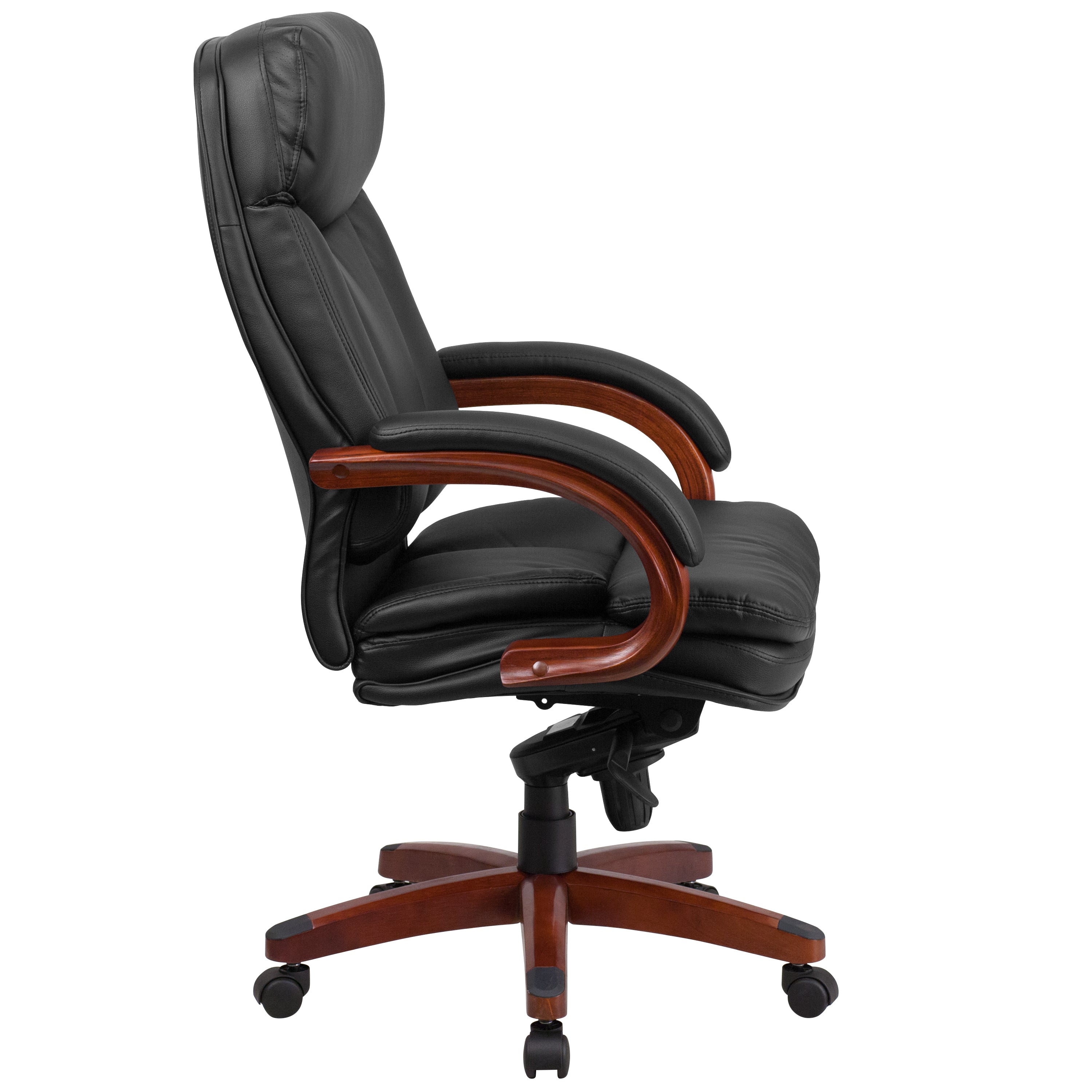 Hansel High Back Black LeatherSoft Executive Ergonomic Office Chair with Synchro-Tilt Mechanism, Mahogany Wood Base and Arms