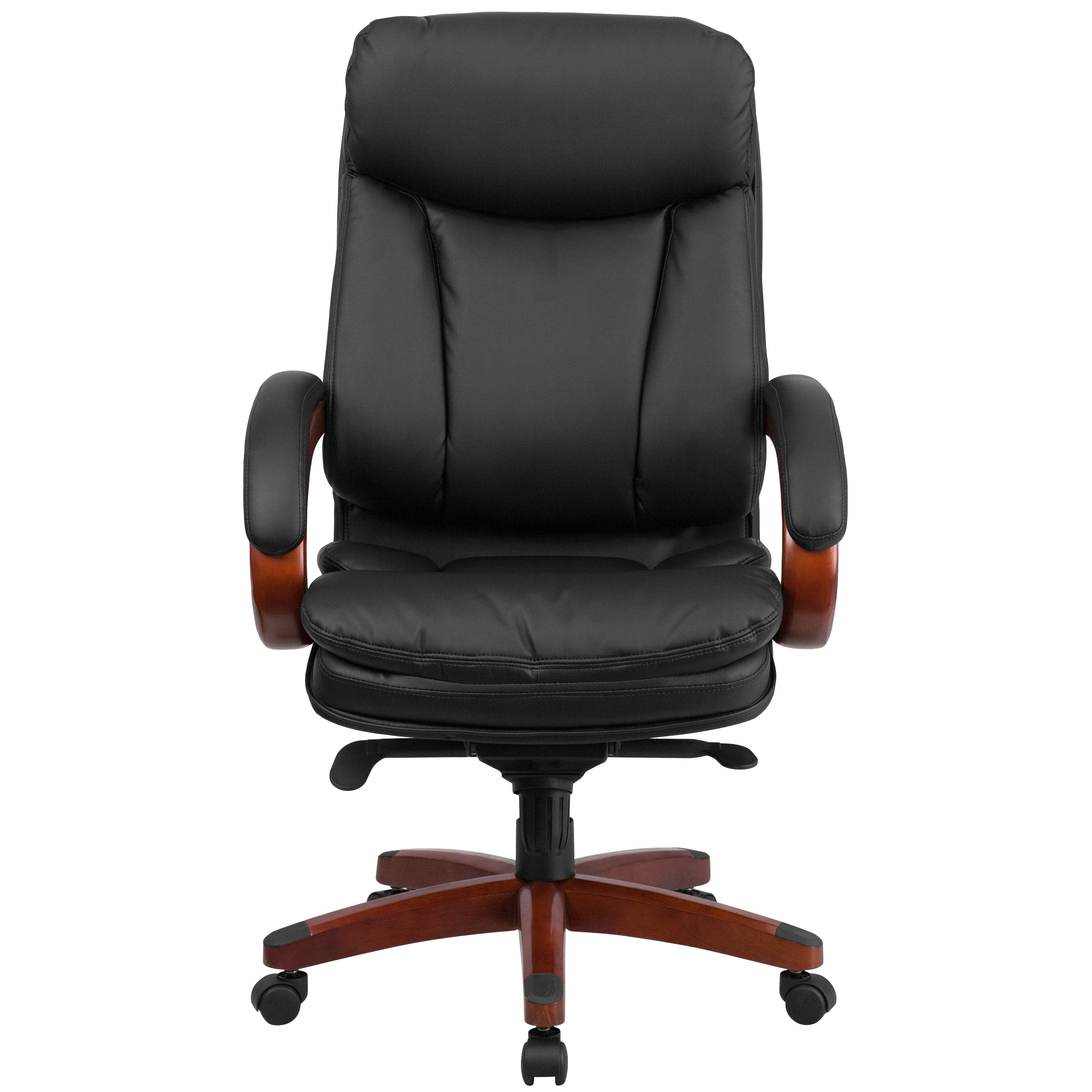 Hansel High Back Black LeatherSoft Executive Ergonomic Office Chair with Synchro-Tilt Mechanism, Mahogany Wood Base and Arms