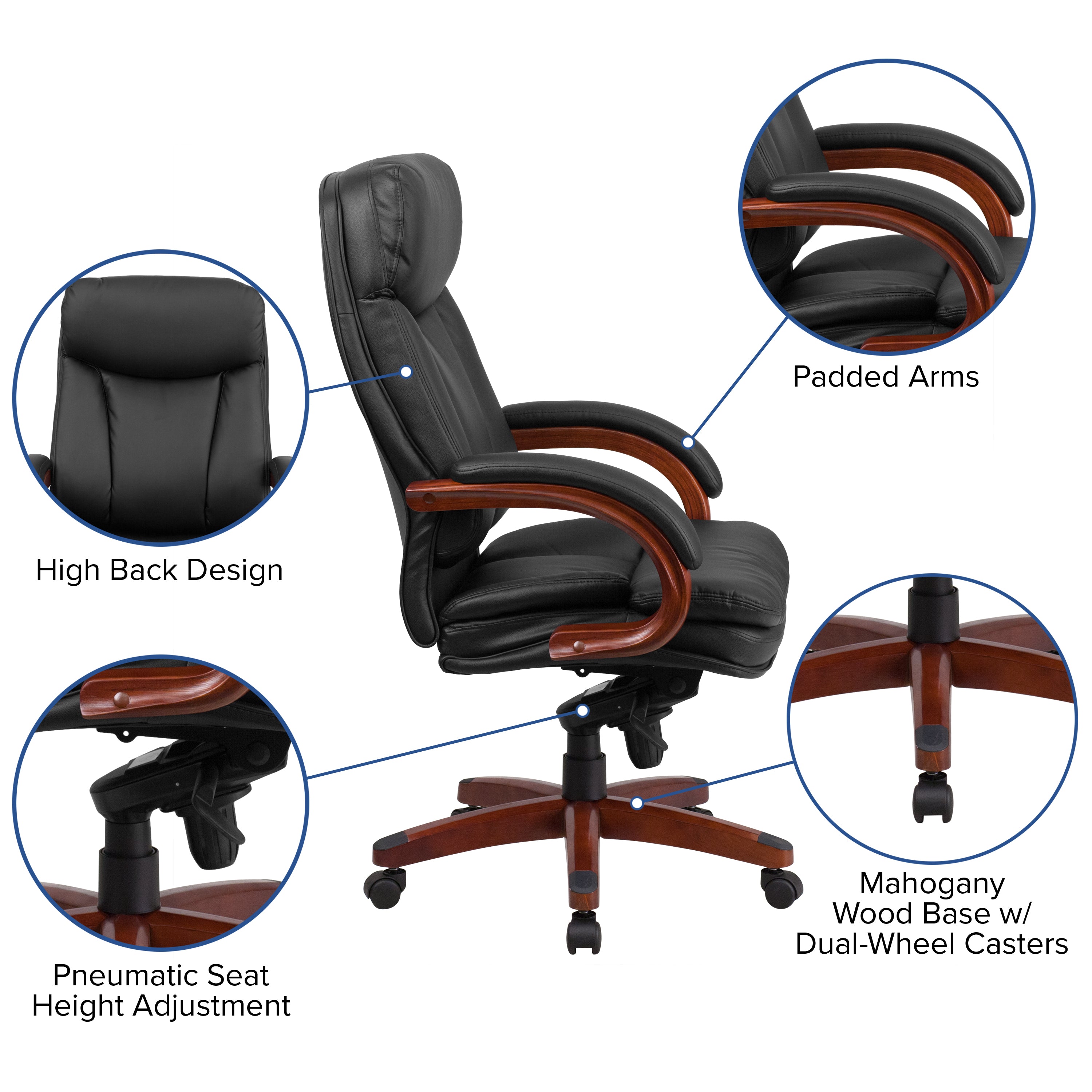 Hansel High Back Black LeatherSoft Executive Ergonomic Office Chair with Synchro-Tilt Mechanism, Mahogany Wood Base and Arms