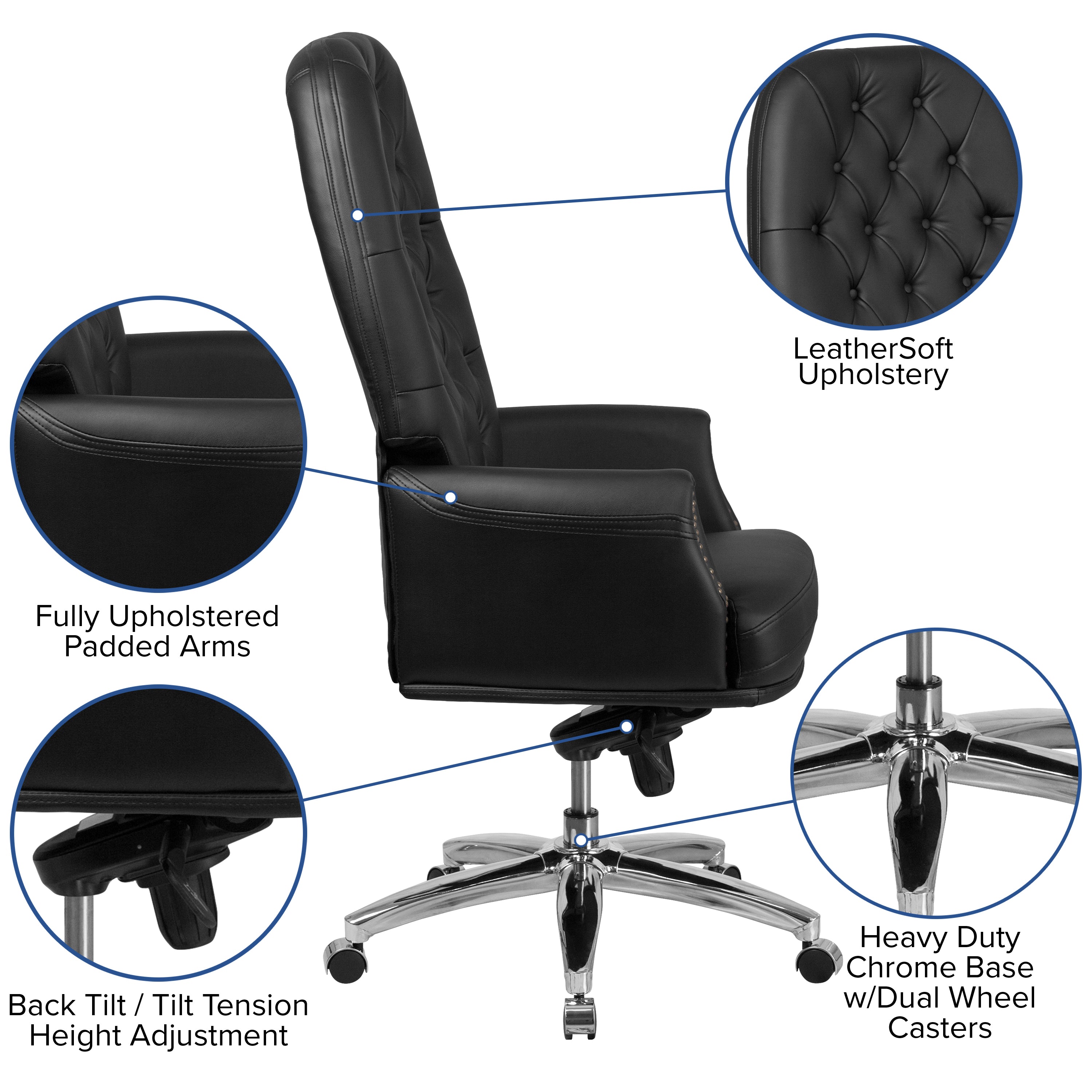 Hansel High Back Traditional Tufted Black LeatherSoft Multifunction Executive Swivel Ergonomic Office Chair with Arms