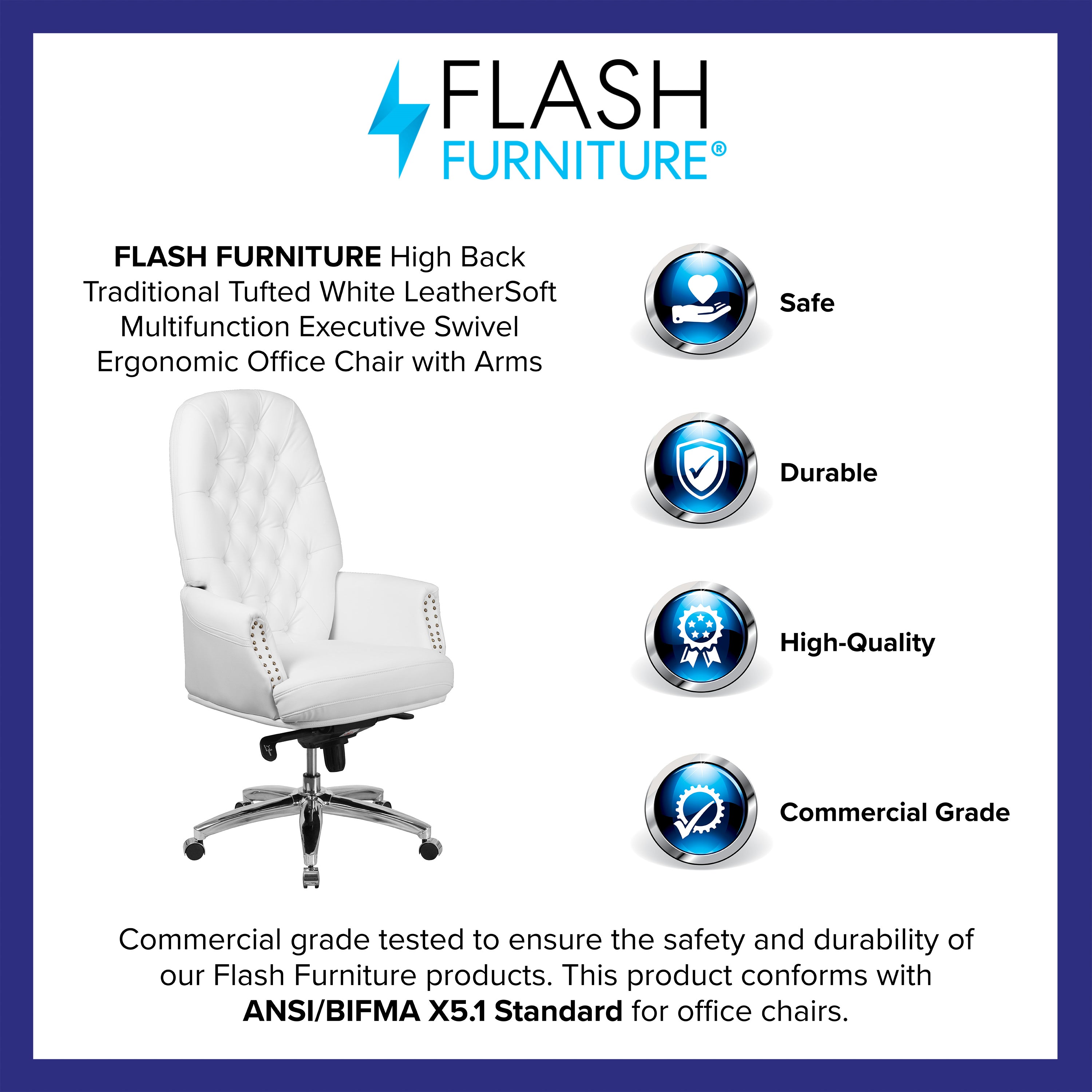 Hansel High Back Traditional Tufted White LeatherSoft Multifunction Executive Swivel Ergonomic Office Chair with Arms