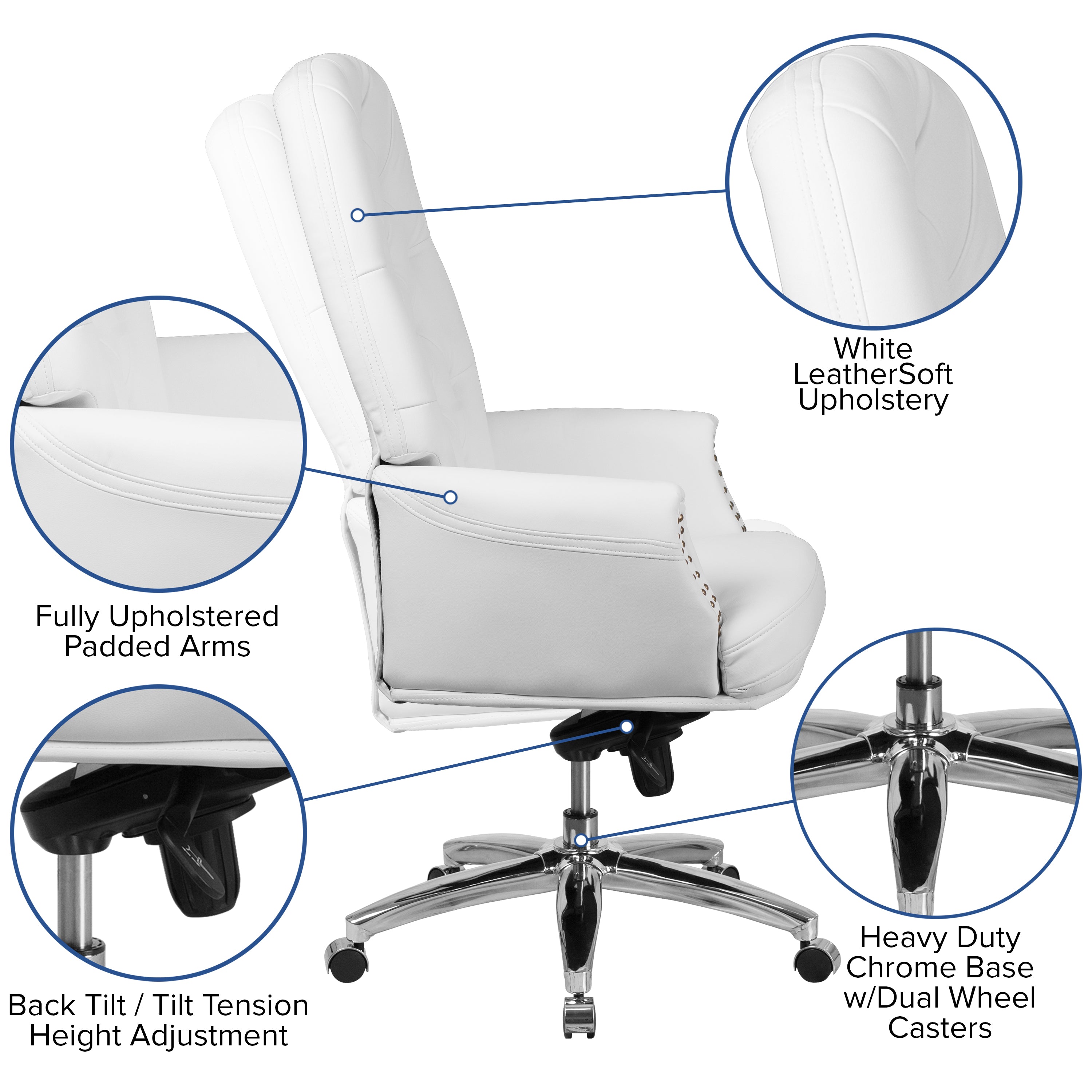 Hansel High Back Traditional Tufted White LeatherSoft Multifunction Executive Swivel Ergonomic Office Chair with Arms