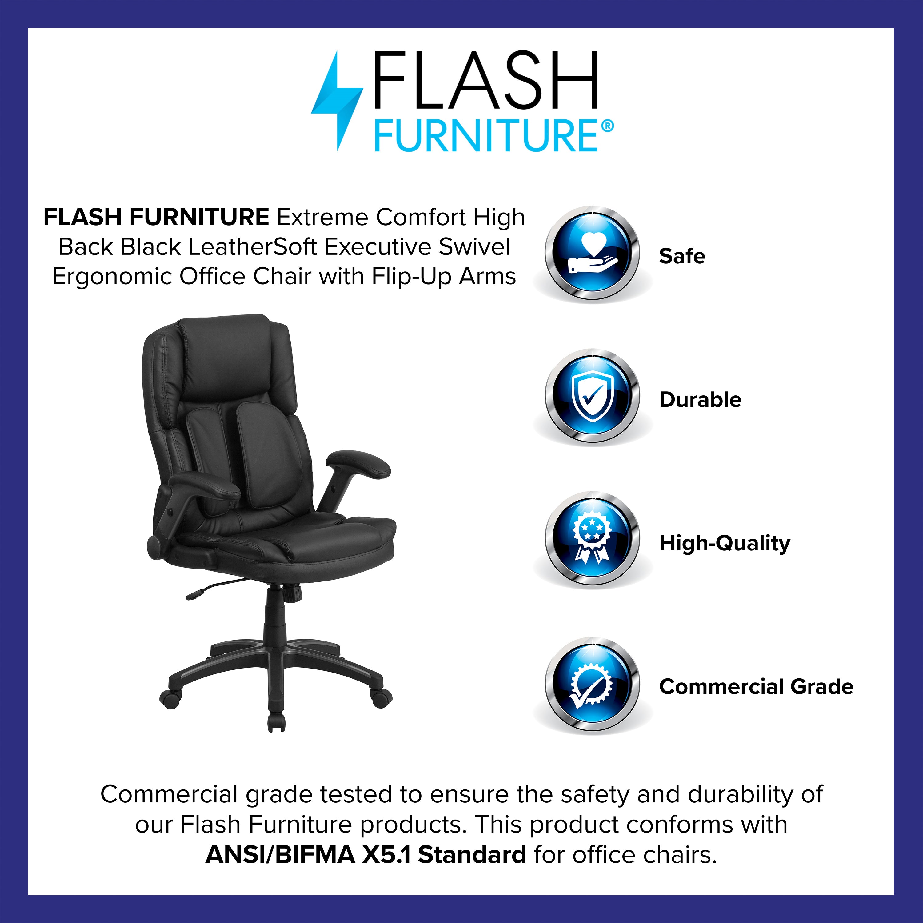 Hansel Extreme Comfort High Back Black LeatherSoft Executive Swivel Ergonomic Office Chair with Flip-Up Arms