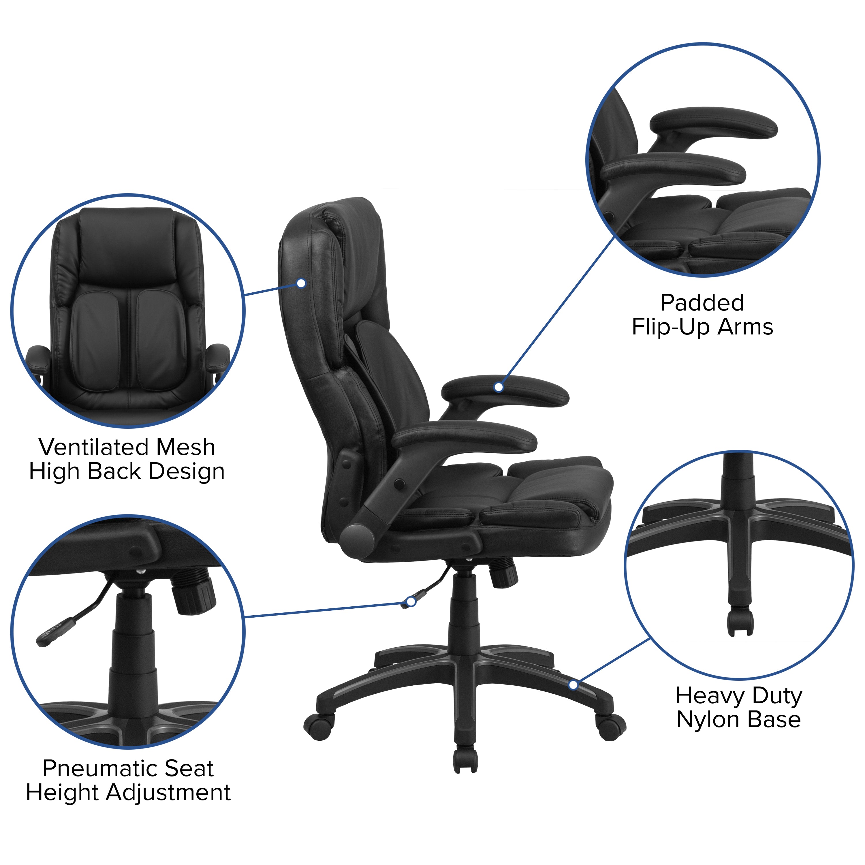 Hansel Extreme Comfort High Back Black LeatherSoft Executive Swivel Ergonomic Office Chair with Flip-Up Arms