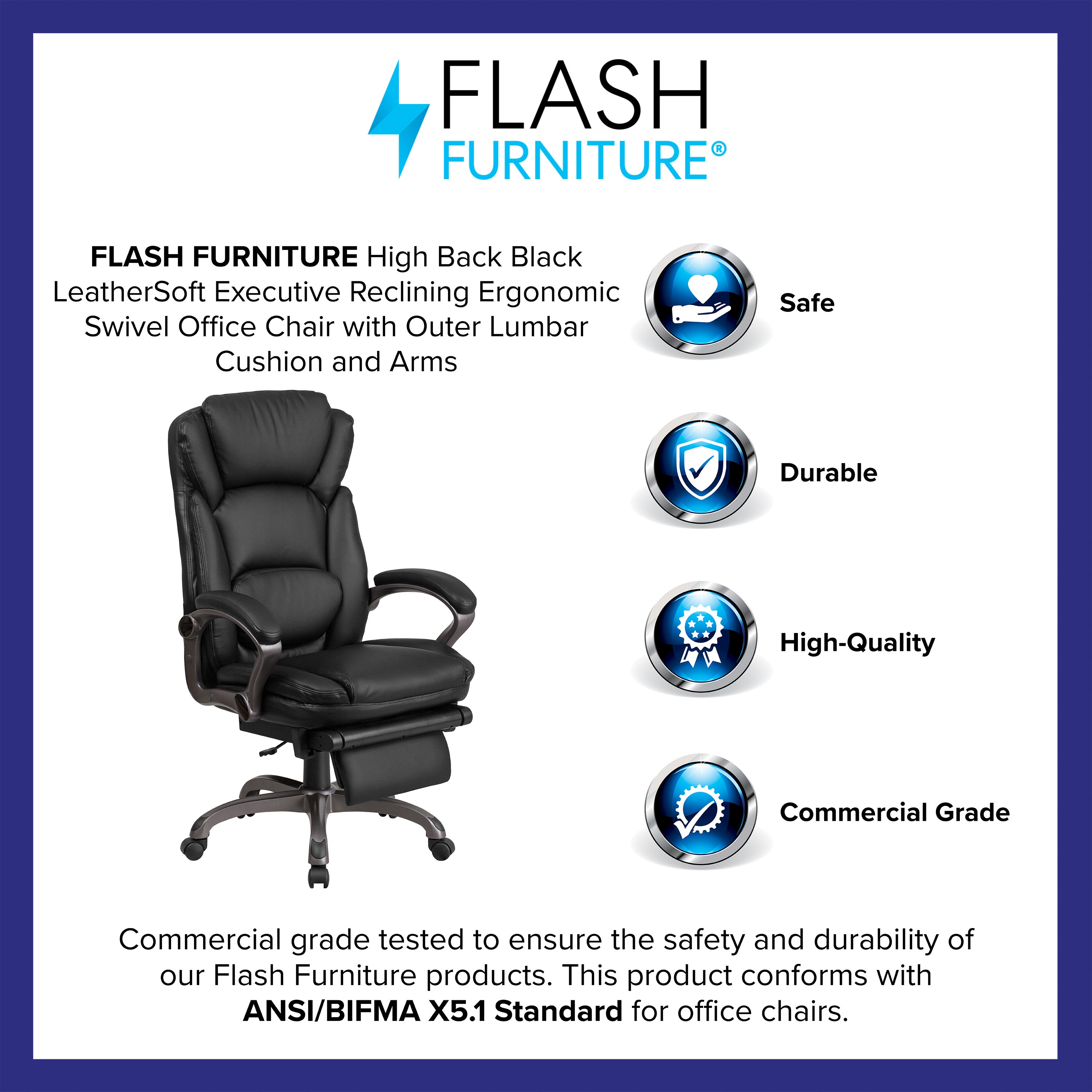 Martin High Back Black LeatherSoft Executive Reclining Ergonomic Swivel Office Chair with Outer Lumbar Cushion and Arms