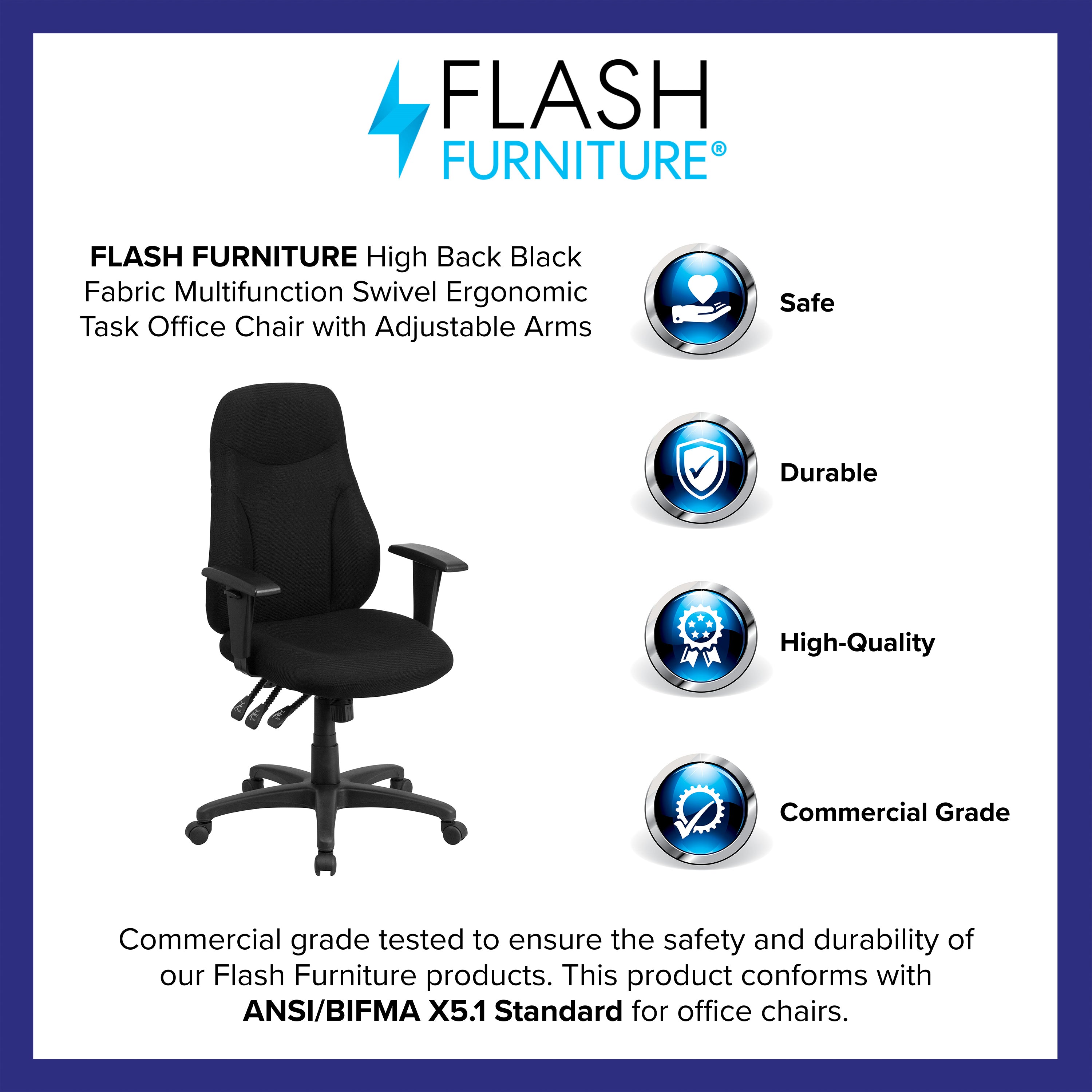 Hughes High Back Black Fabric Multifunction Swivel Ergonomic Task Office Chair with Adjustable Arms