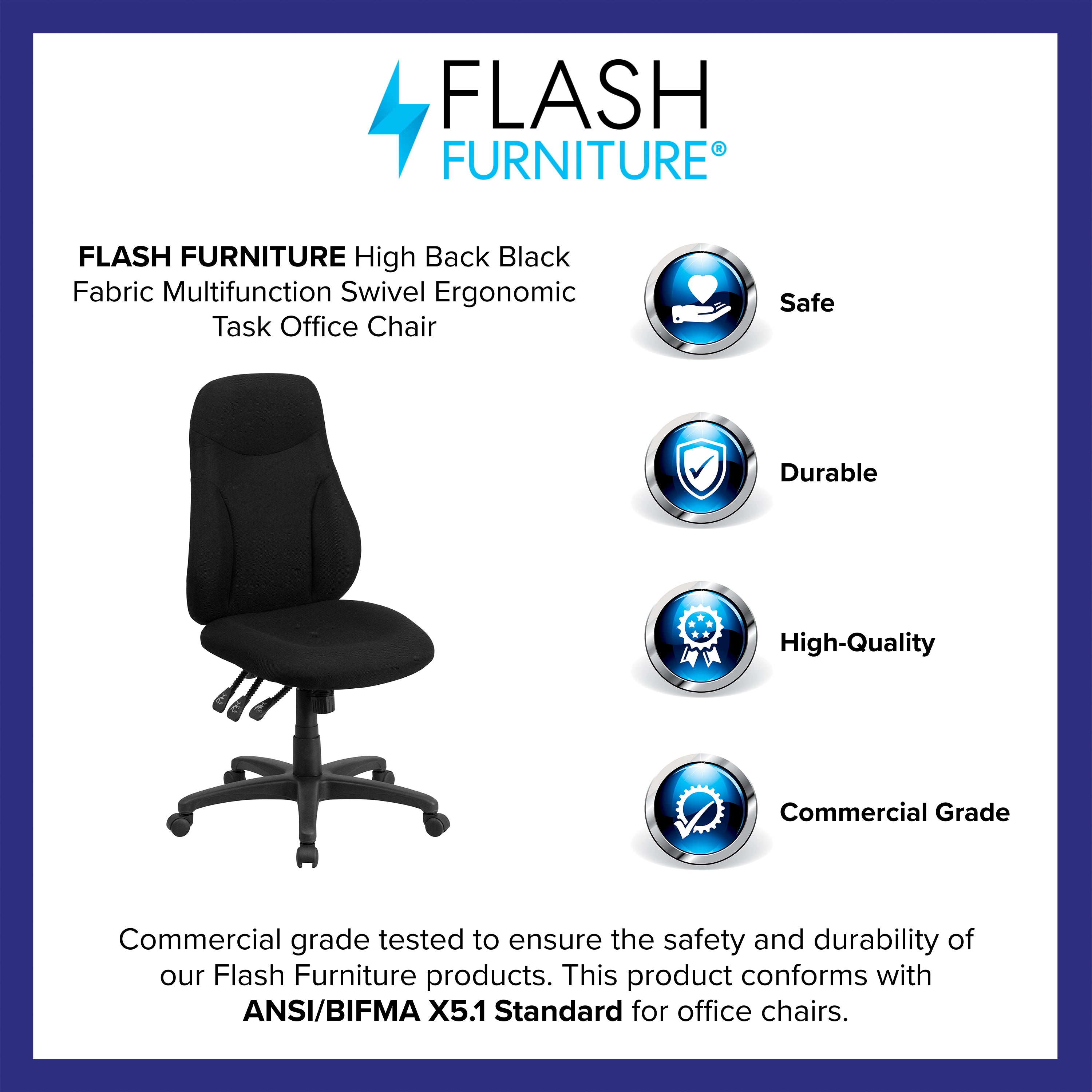 Hughes High Back Black Fabric Multifunction Swivel Ergonomic Task Office Chair