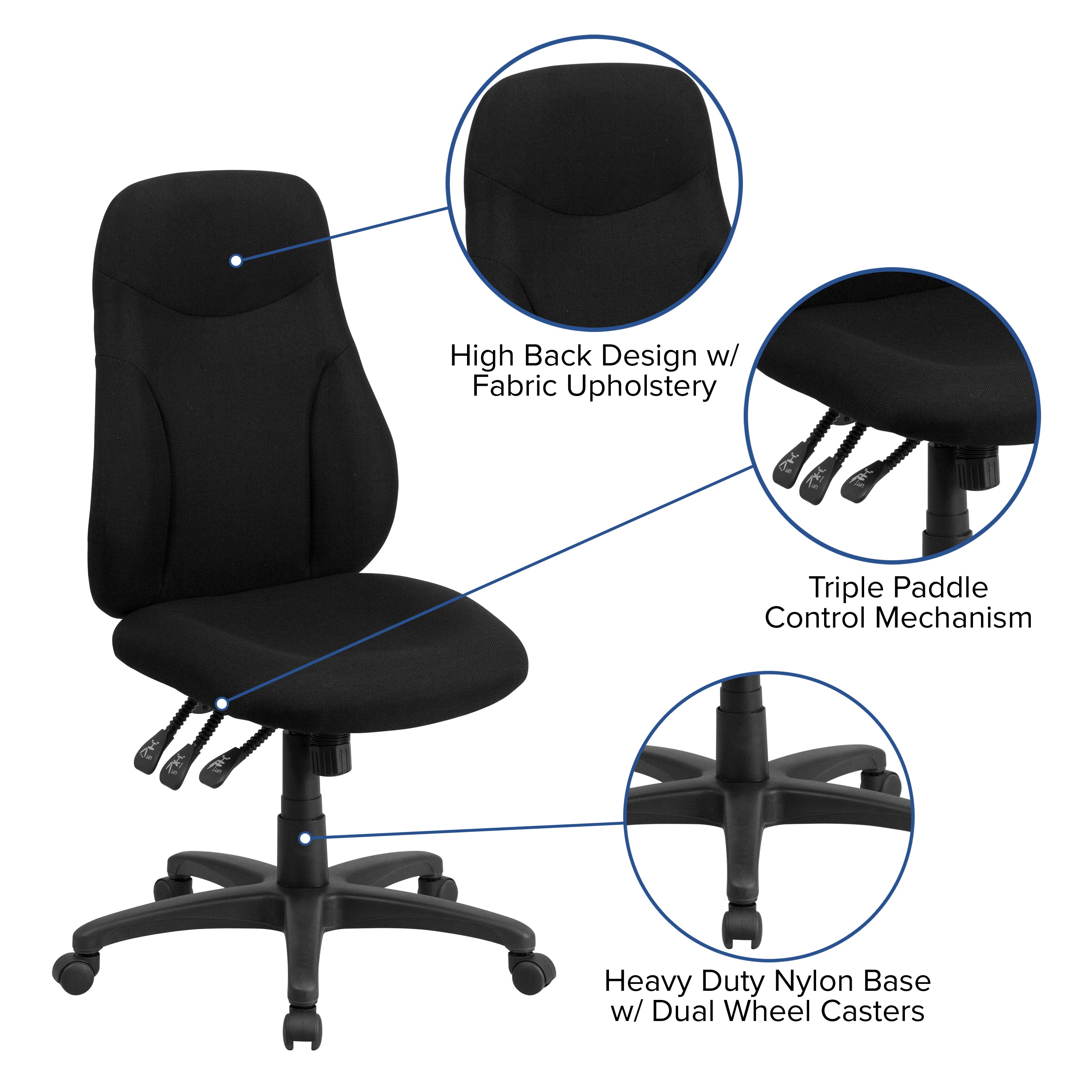 Hughes High Back Black Fabric Multifunction Swivel Ergonomic Task Office Chair