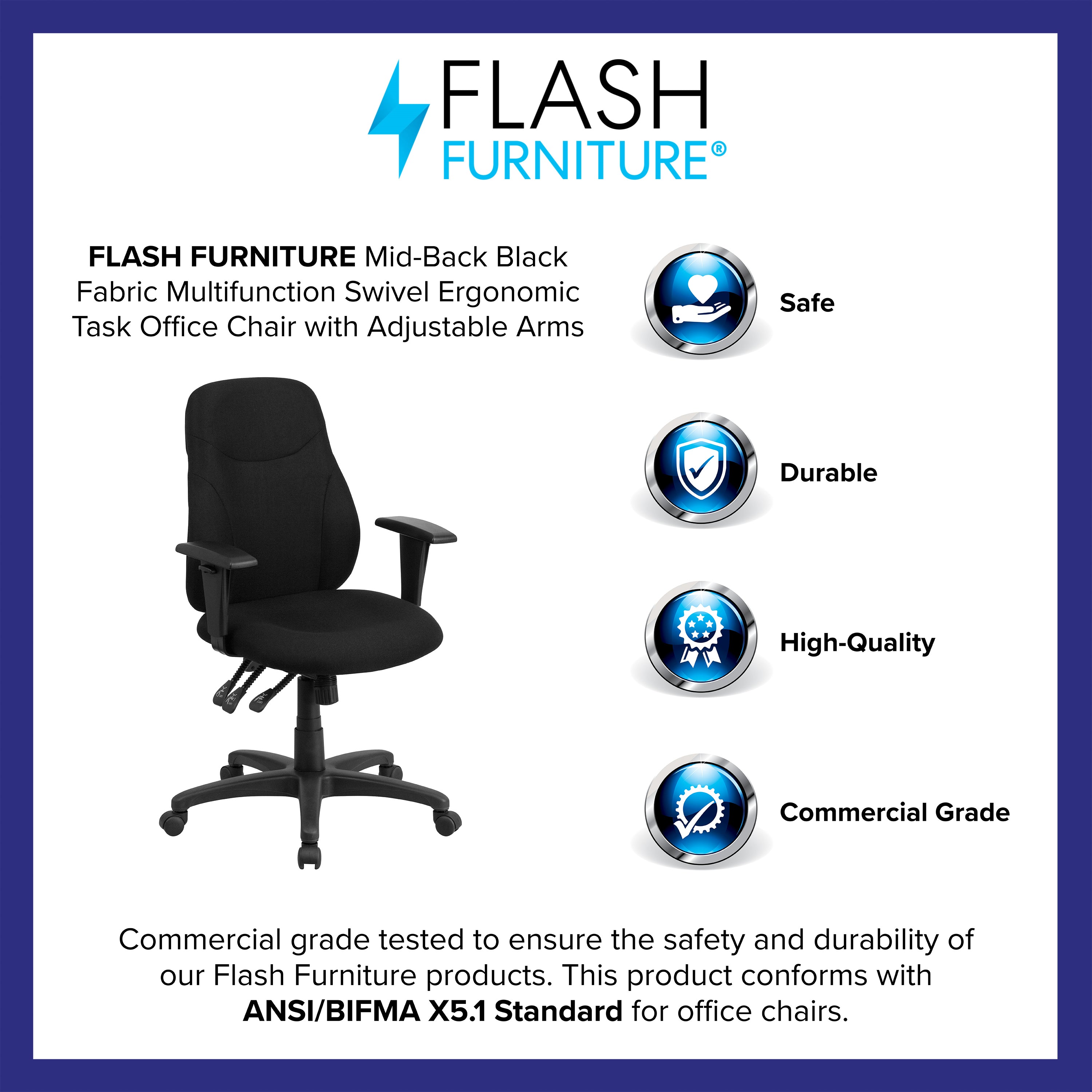 Brandy Mid-Back Black Fabric Multifunction Swivel Ergonomic Task Office Chair with Adjustable Arms