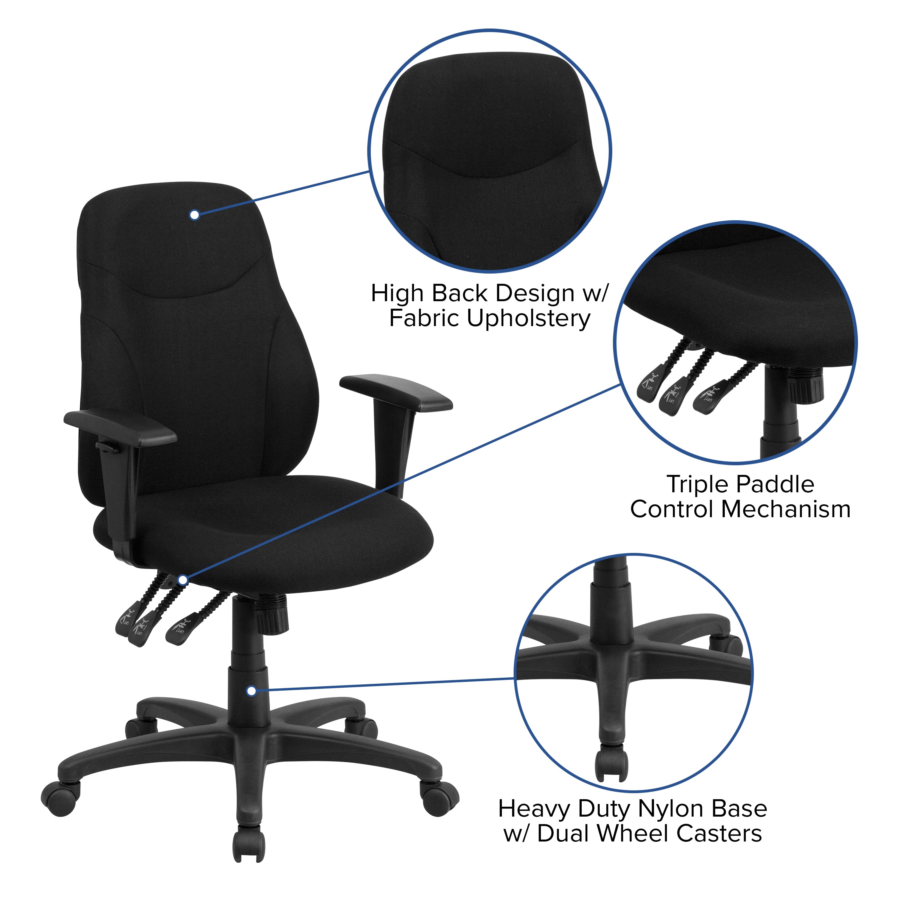 Brandy Mid-Back Black Fabric Multifunction Swivel Ergonomic Task Office Chair with Adjustable Arms