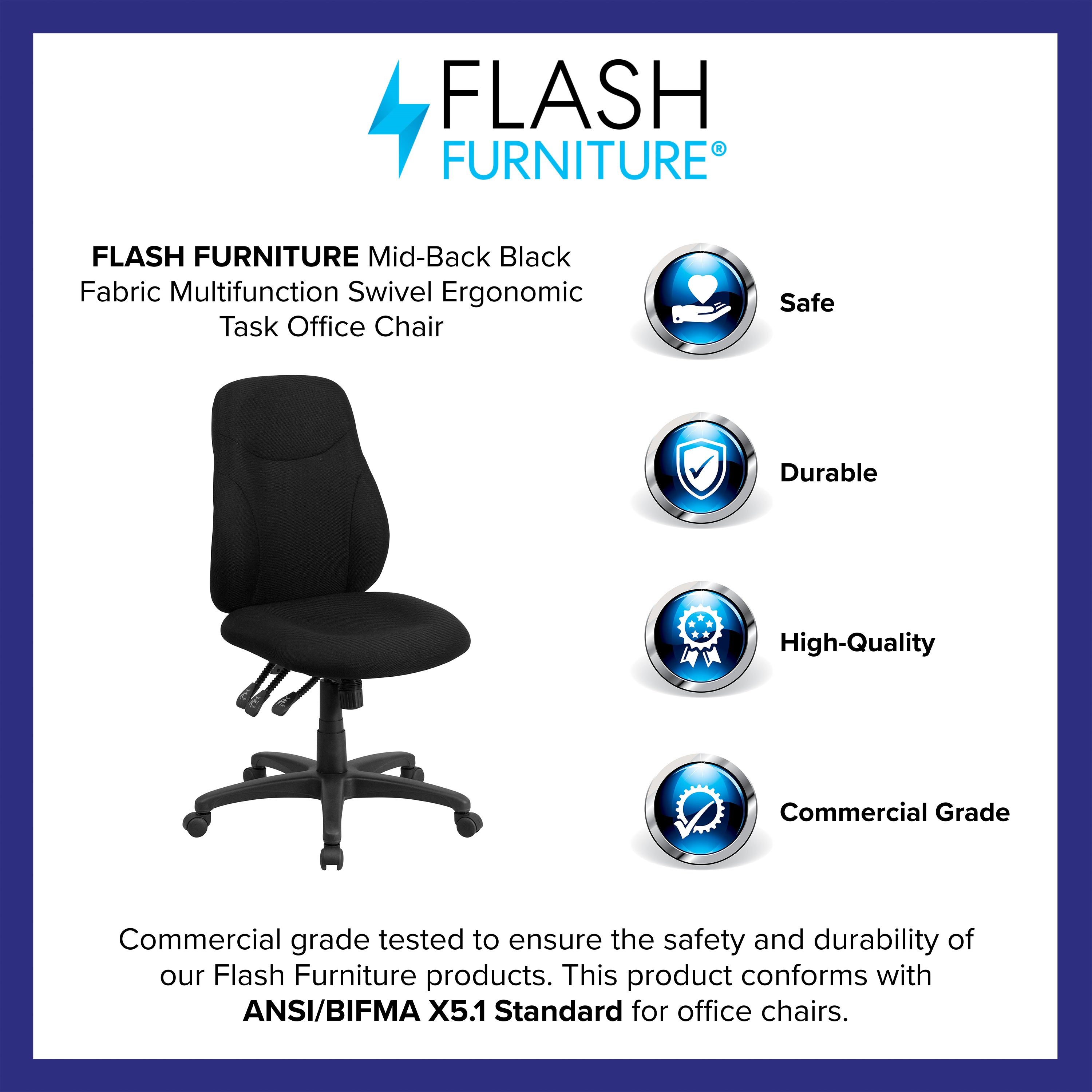 Brandy Mid-Back Black Fabric Multifunction Swivel Ergonomic Task Office Chair