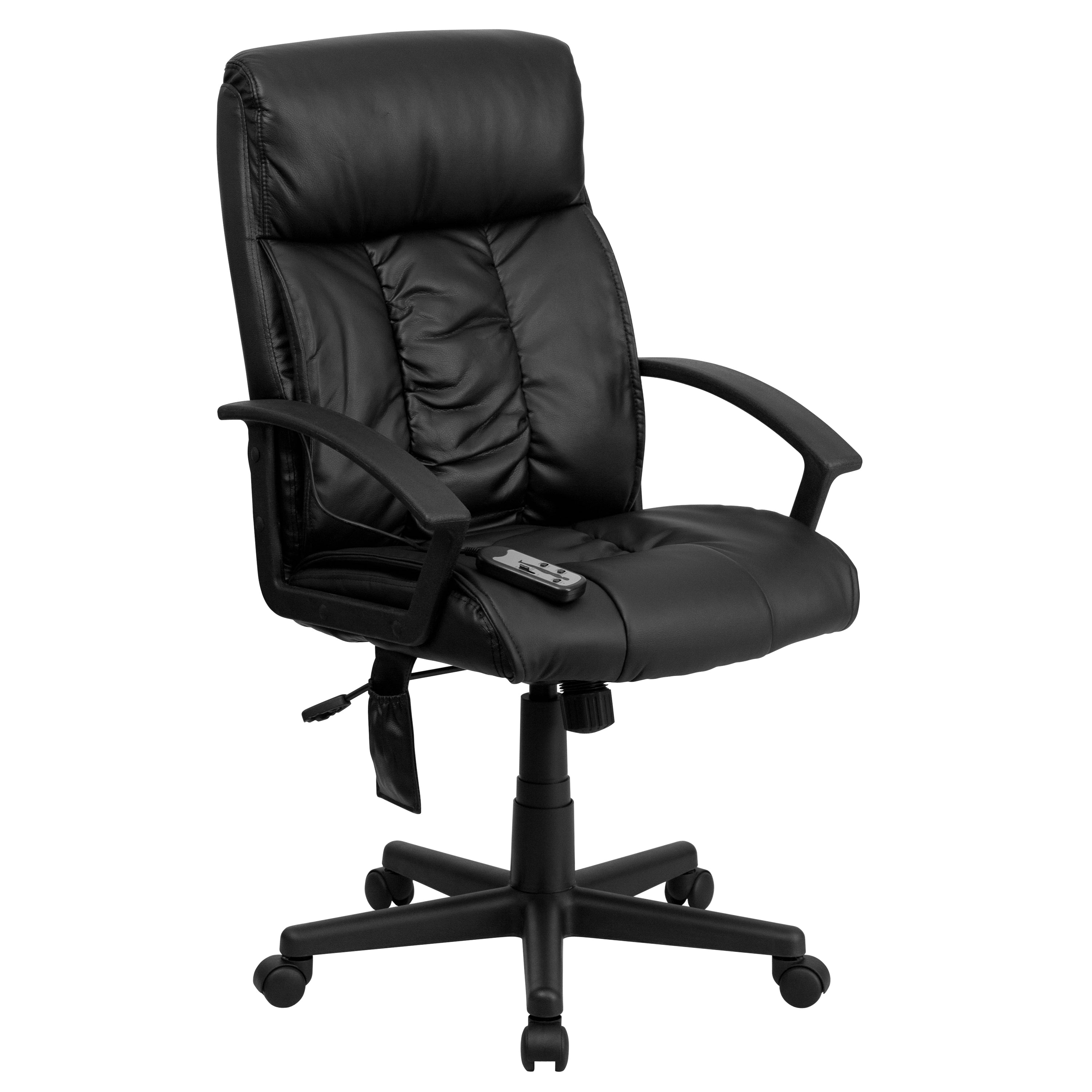 Sumter High Back Ergonomic Massaging Black LeatherSoft Executive Swivel Office Chair with Side Remote Pocket and Arms