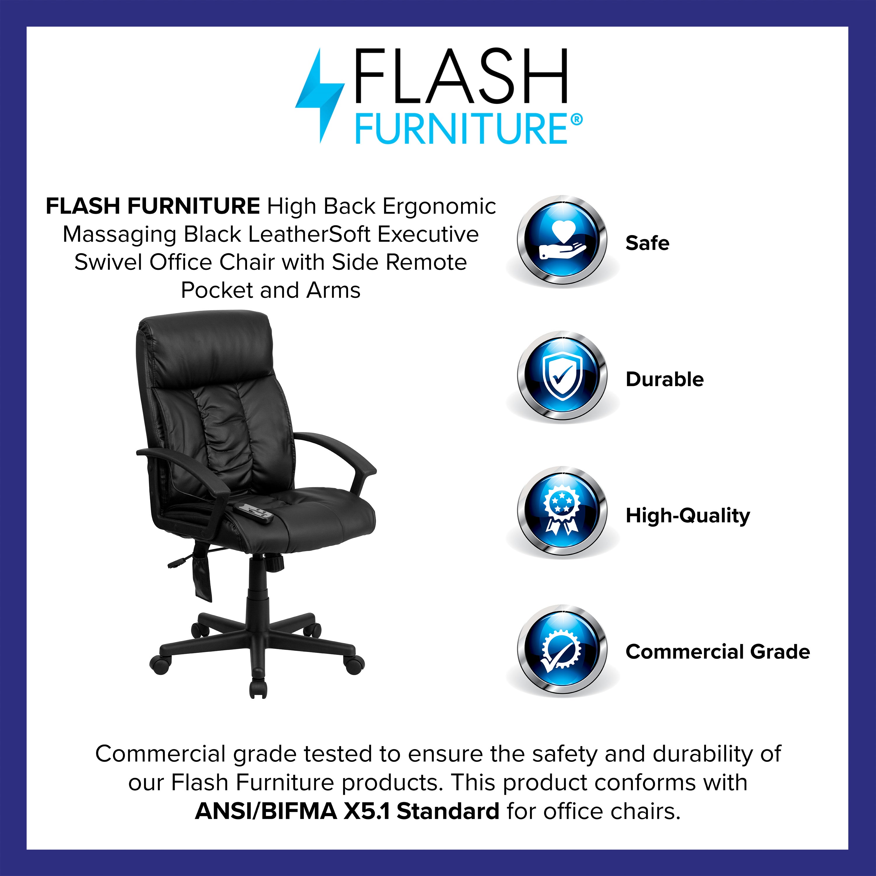 Sumter High Back Ergonomic Massaging Black LeatherSoft Executive Swivel Office Chair with Side Remote Pocket and Arms