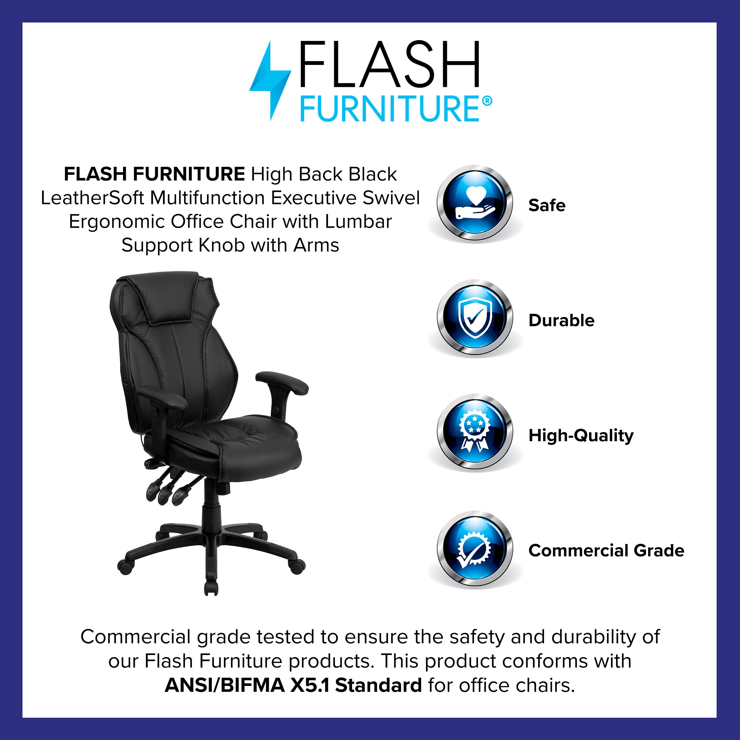Hansel High Back Black LeatherSoft Multifunction Executive Swivel Ergonomic Office Chair with Lumbar Support Knob with Arms