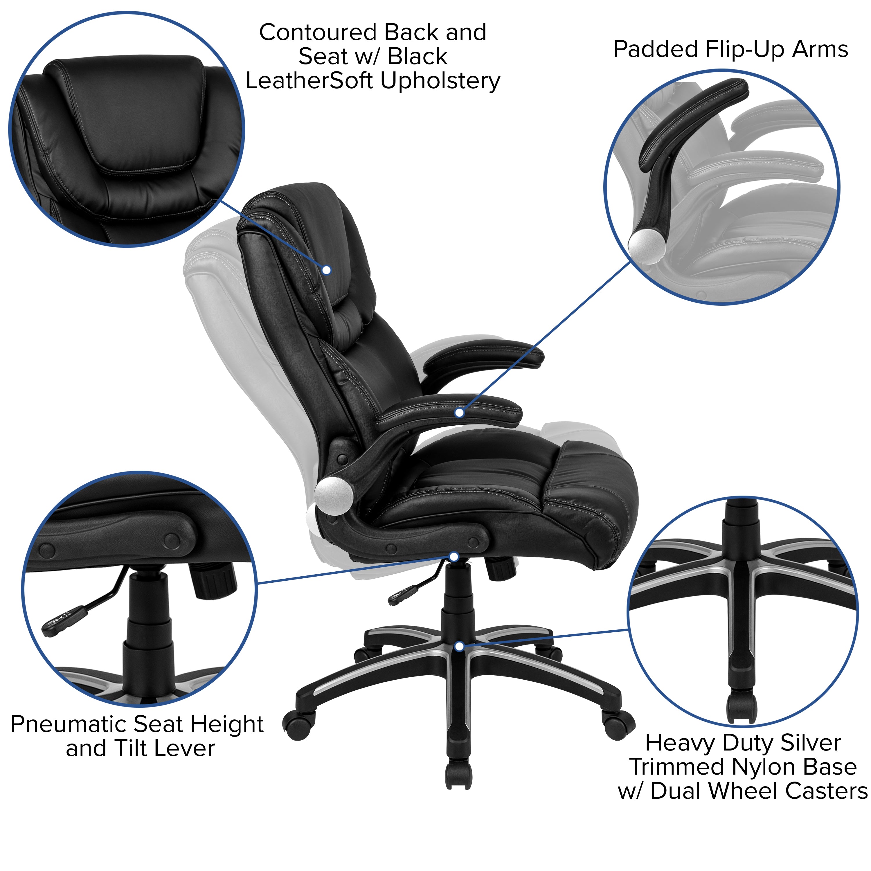 Hansel High Back Black LeatherSoft Executive Swivel Office Chair with Double Layered Headrest and Open Arms