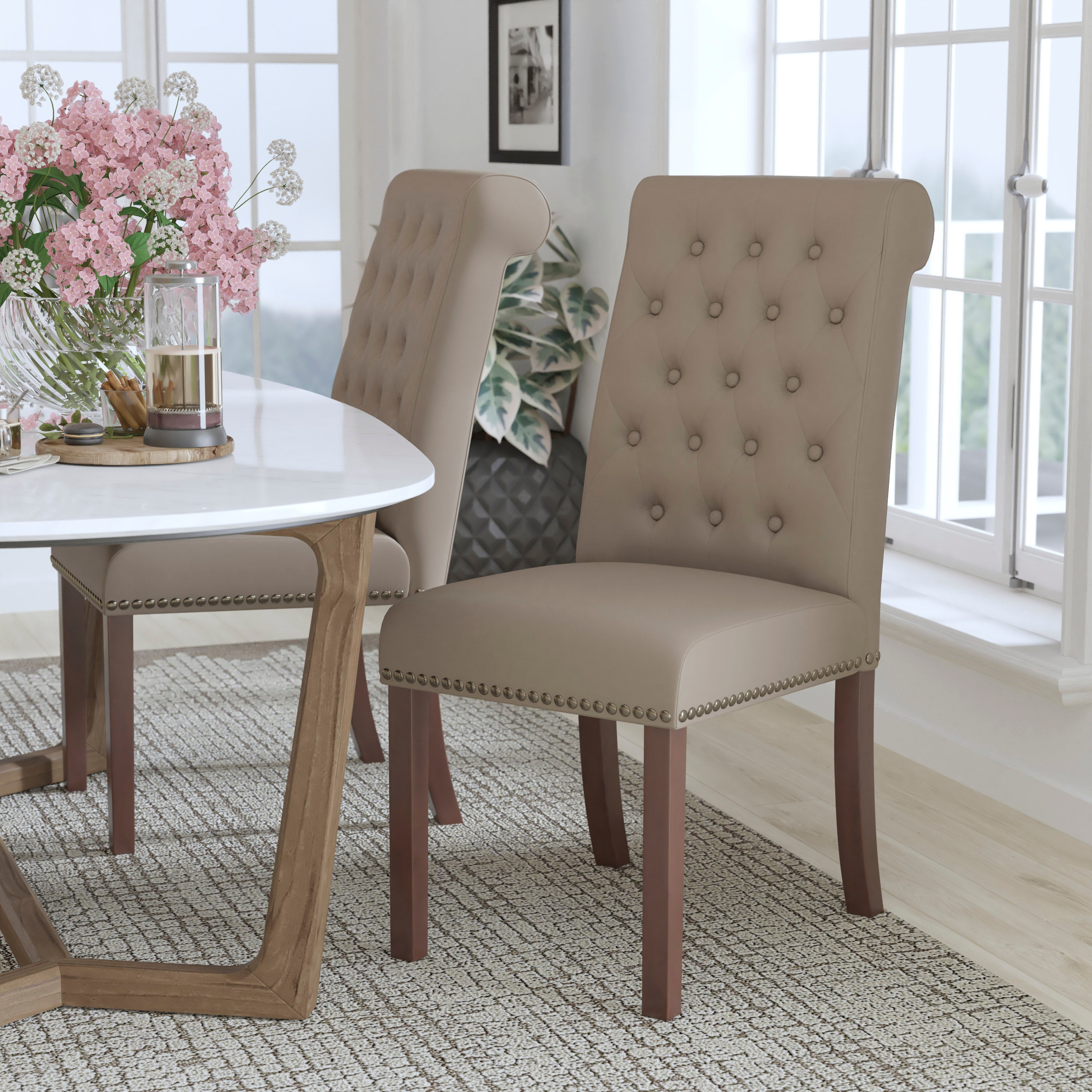 HERCULES Series Beige LeatherSoft Parsons Chair with Rolled Back, Accent Nail Trim and Walnut Finish