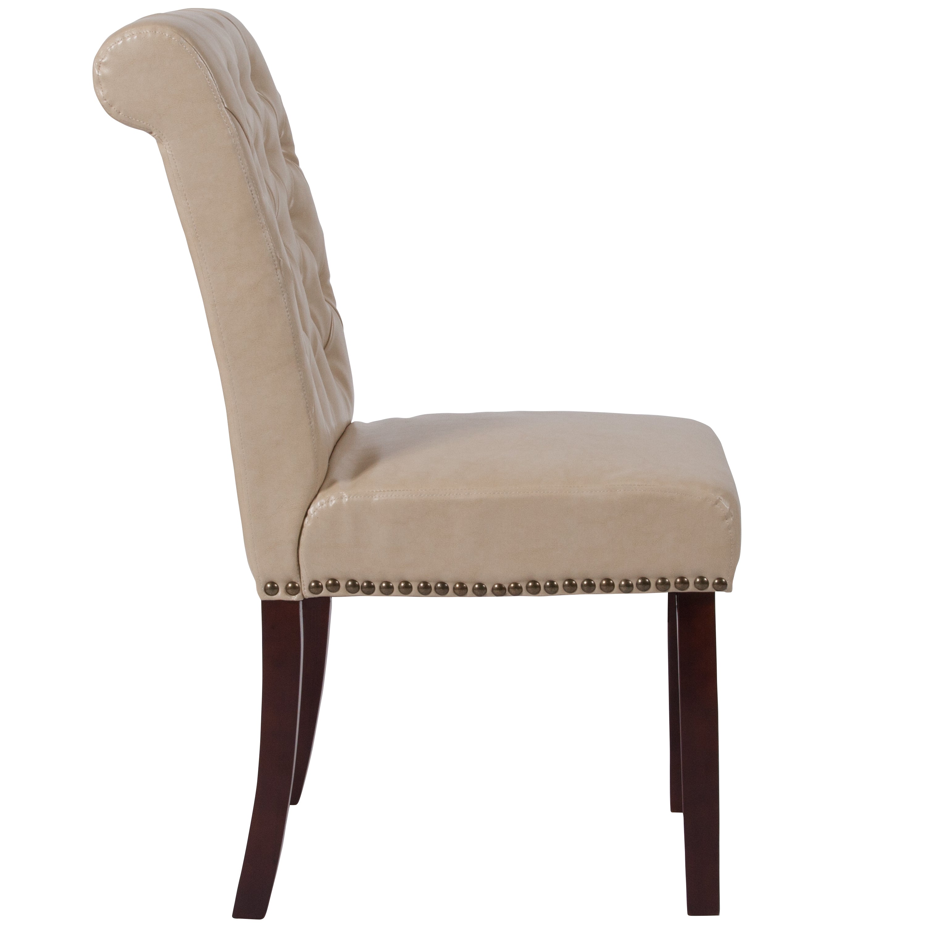 HERCULES Series Beige LeatherSoft Parsons Chair with Rolled Back, Accent Nail Trim and Walnut Finish