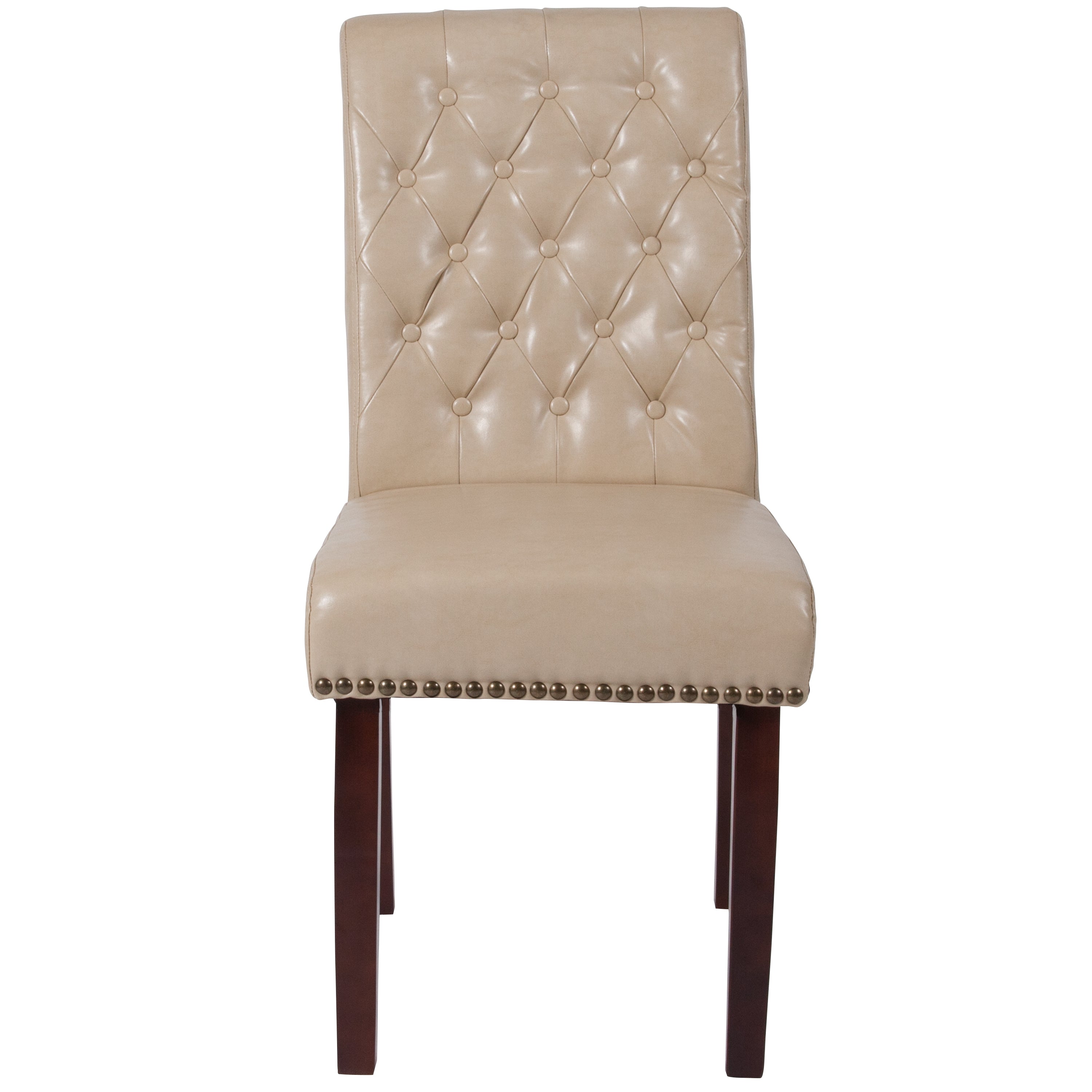 HERCULES Series Beige LeatherSoft Parsons Chair with Rolled Back, Accent Nail Trim and Walnut Finish