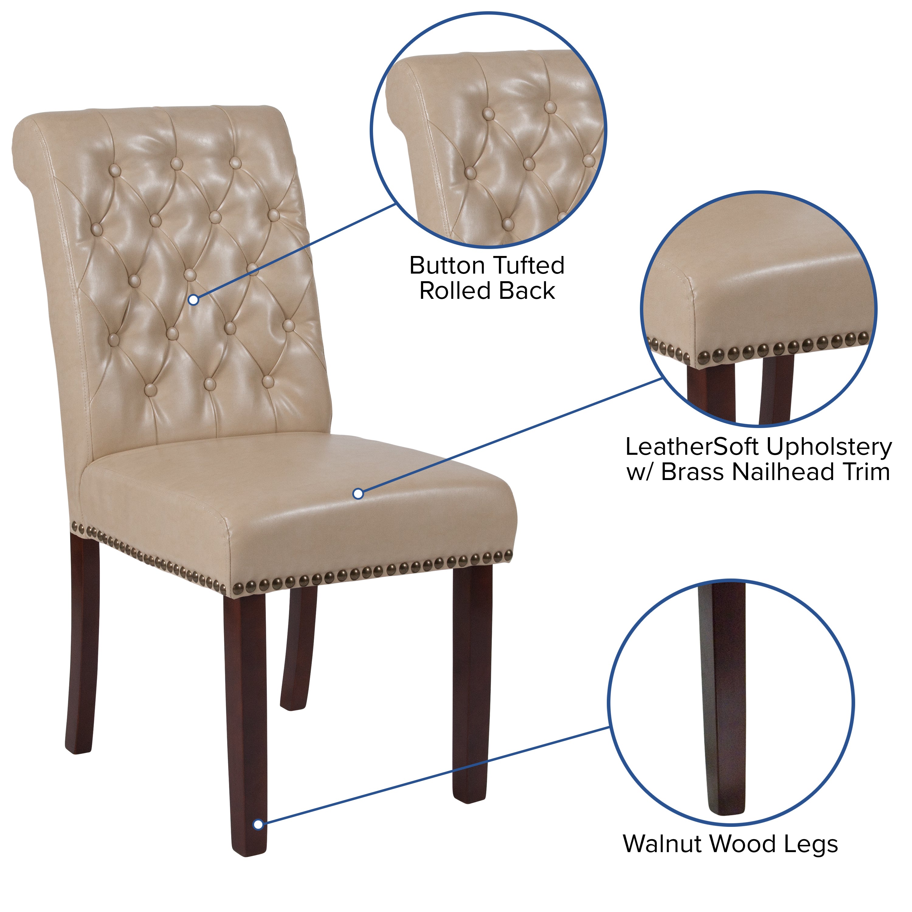 HERCULES Series Beige LeatherSoft Parsons Chair with Rolled Back, Accent Nail Trim and Walnut Finish