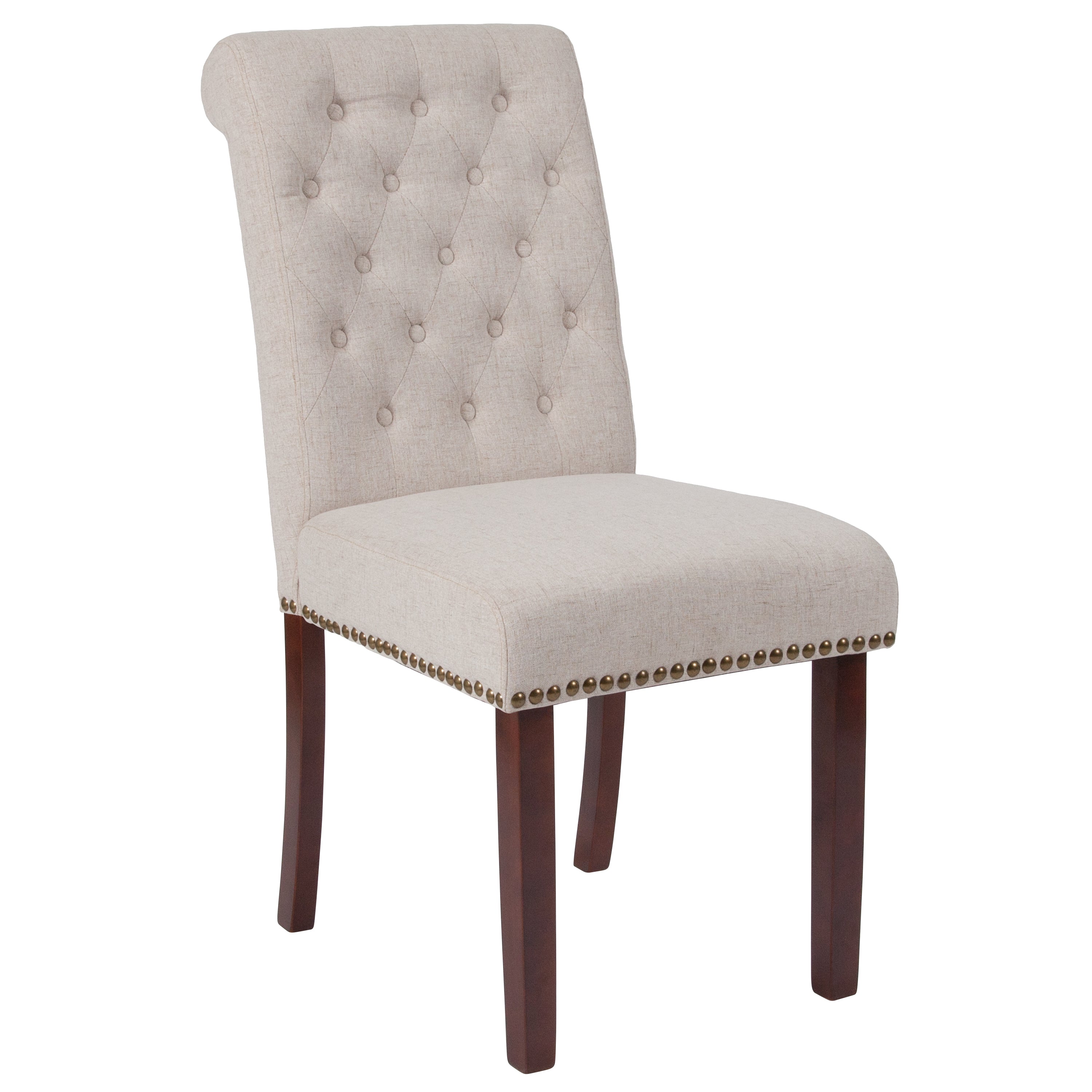 HERCULES Series Beige Fabric Parsons Chair with Rolled Back, Accent Nail Trim and Walnut Finish