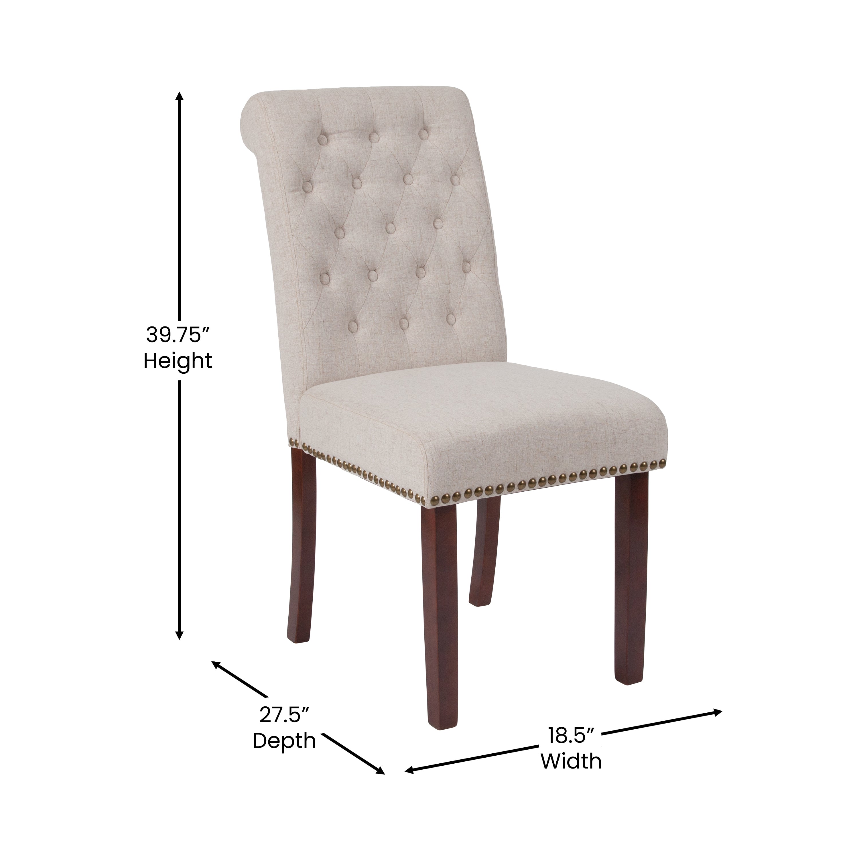 HERCULES Series Beige Fabric Parsons Chair with Rolled Back, Accent Nail Trim and Walnut Finish