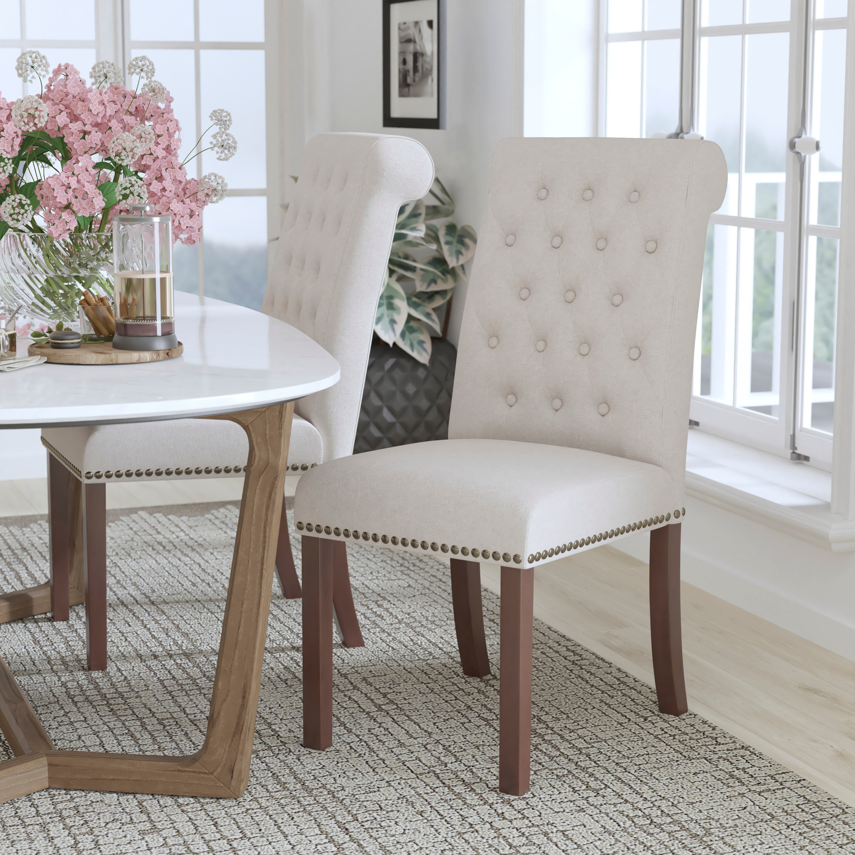 HERCULES Series Beige Fabric Parsons Chair with Rolled Back, Accent Nail Trim and Walnut Finish