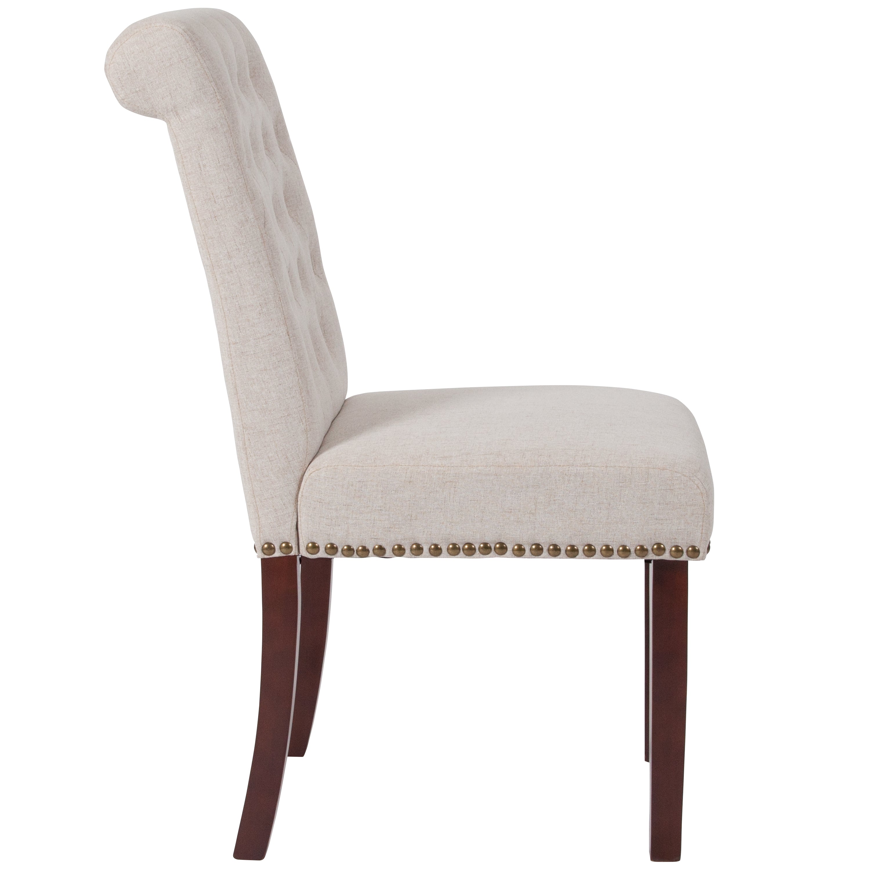 HERCULES Series Beige Fabric Parsons Chair with Rolled Back, Accent Nail Trim and Walnut Finish