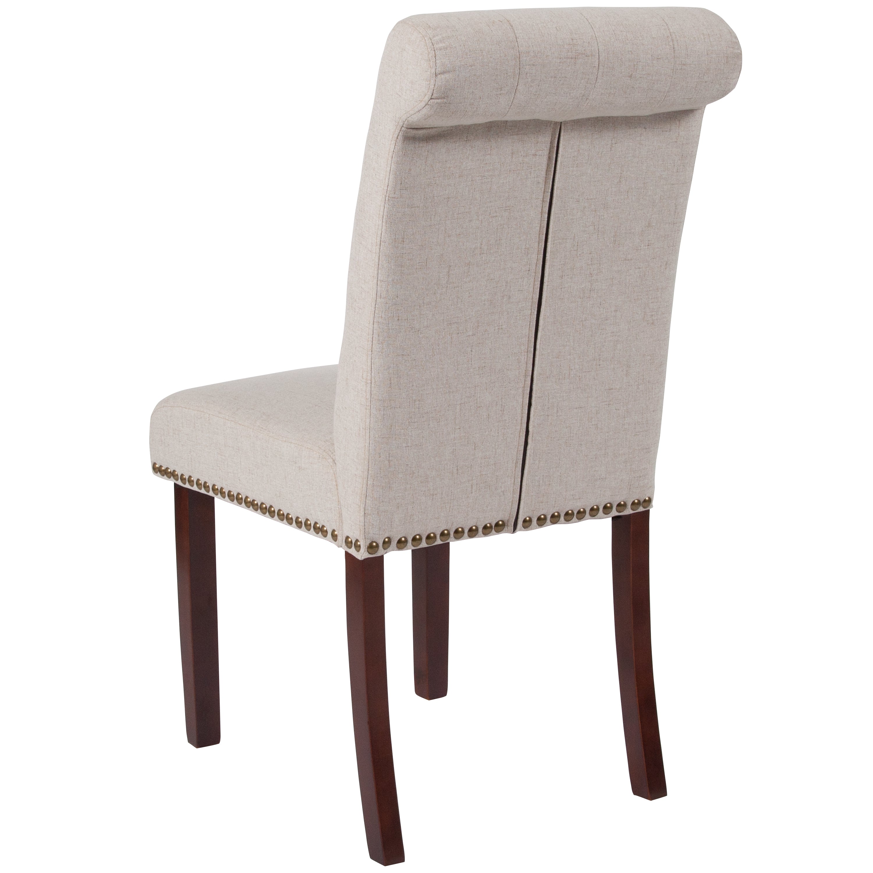 HERCULES Series Beige Fabric Parsons Chair with Rolled Back, Accent Nail Trim and Walnut Finish