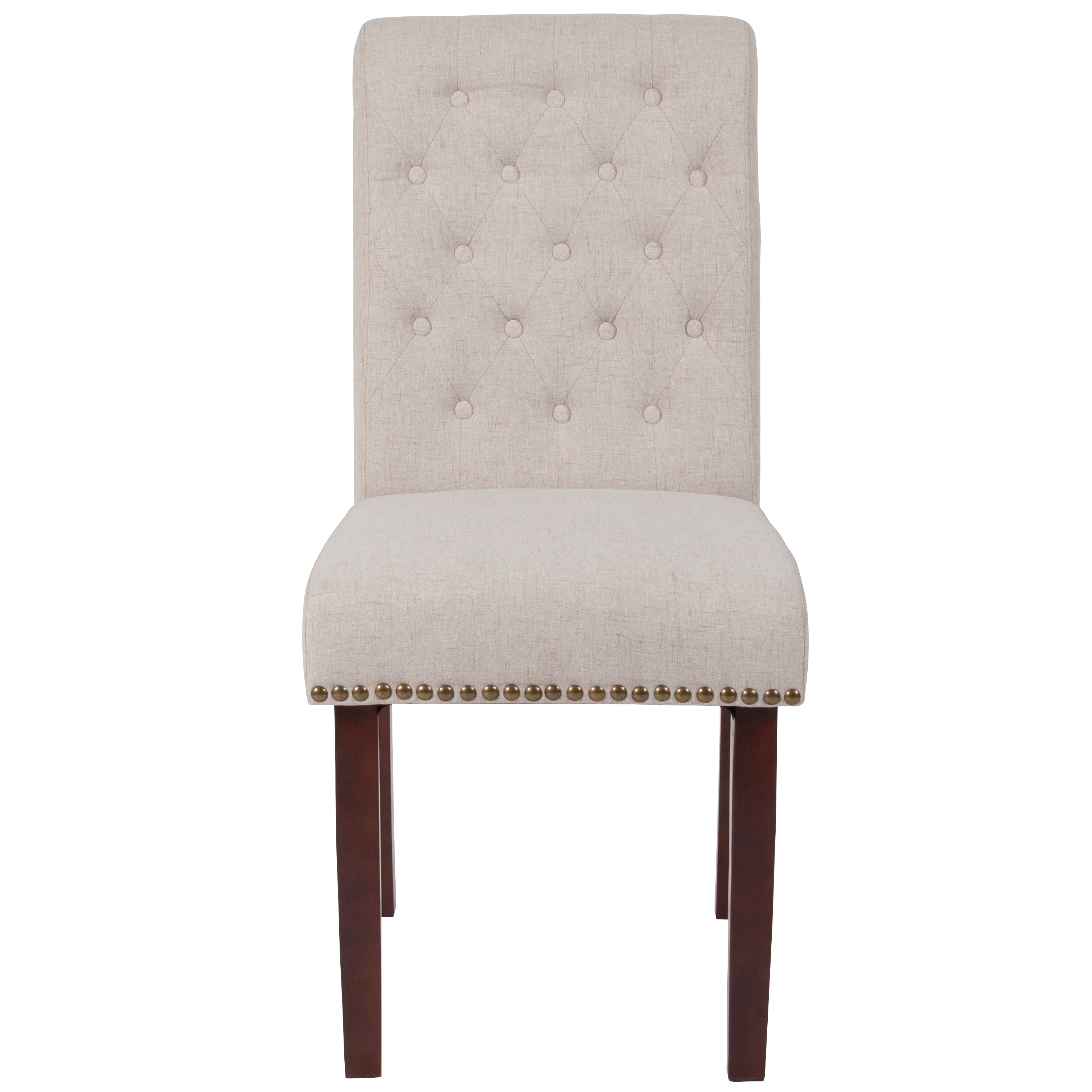 HERCULES Series Beige Fabric Parsons Chair with Rolled Back, Accent Nail Trim and Walnut Finish