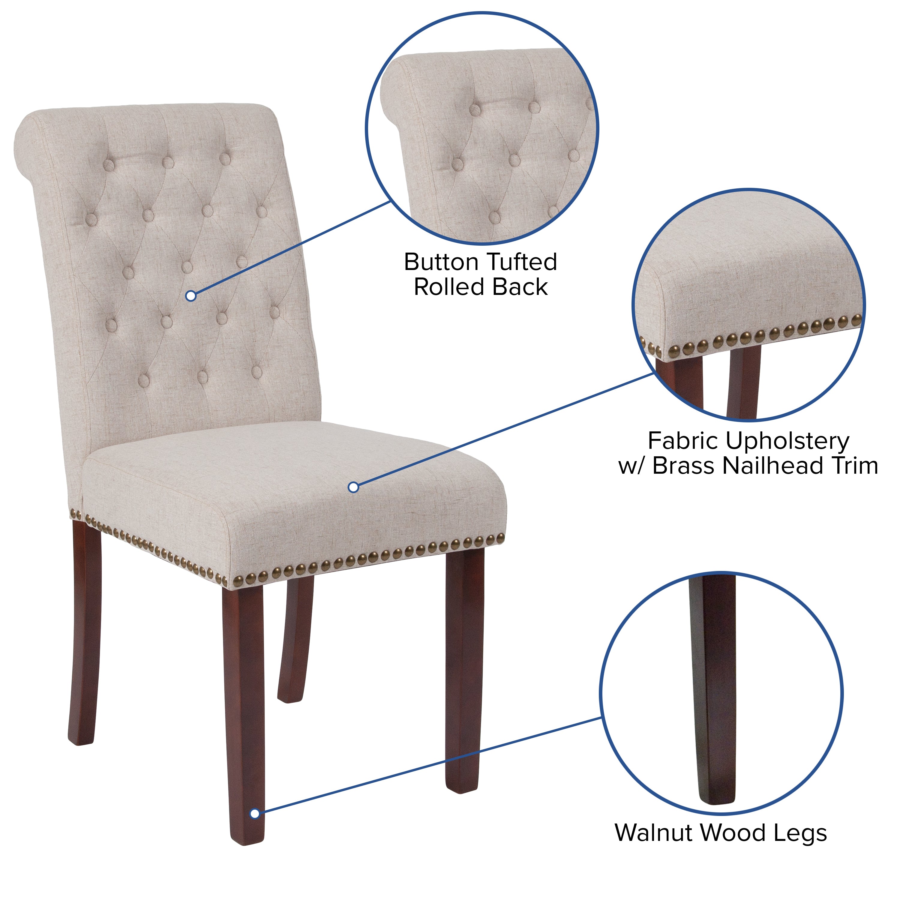 HERCULES Series Beige Fabric Parsons Chair with Rolled Back, Accent Nail Trim and Walnut Finish