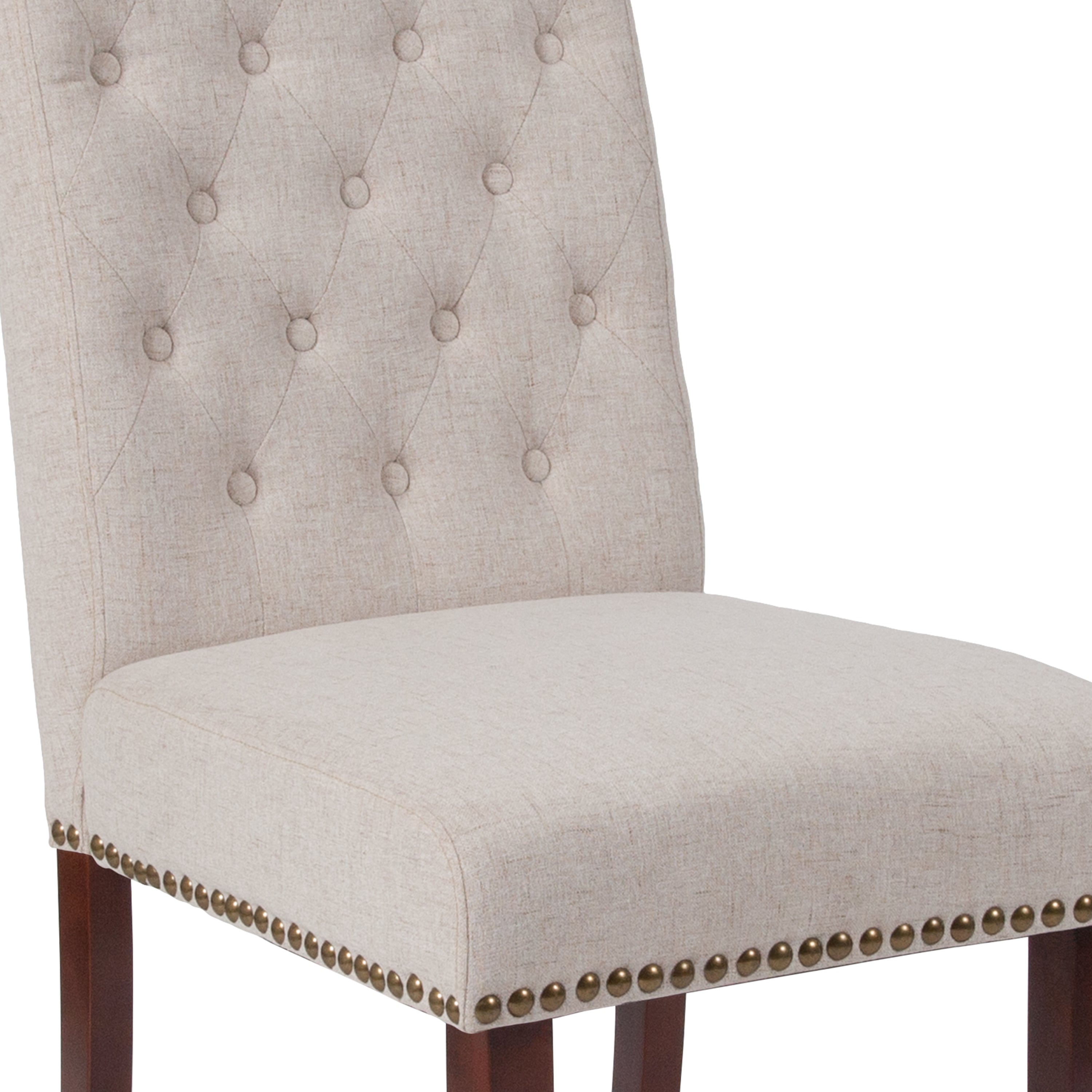 HERCULES Series Beige Fabric Parsons Chair with Rolled Back, Accent Nail Trim and Walnut Finish