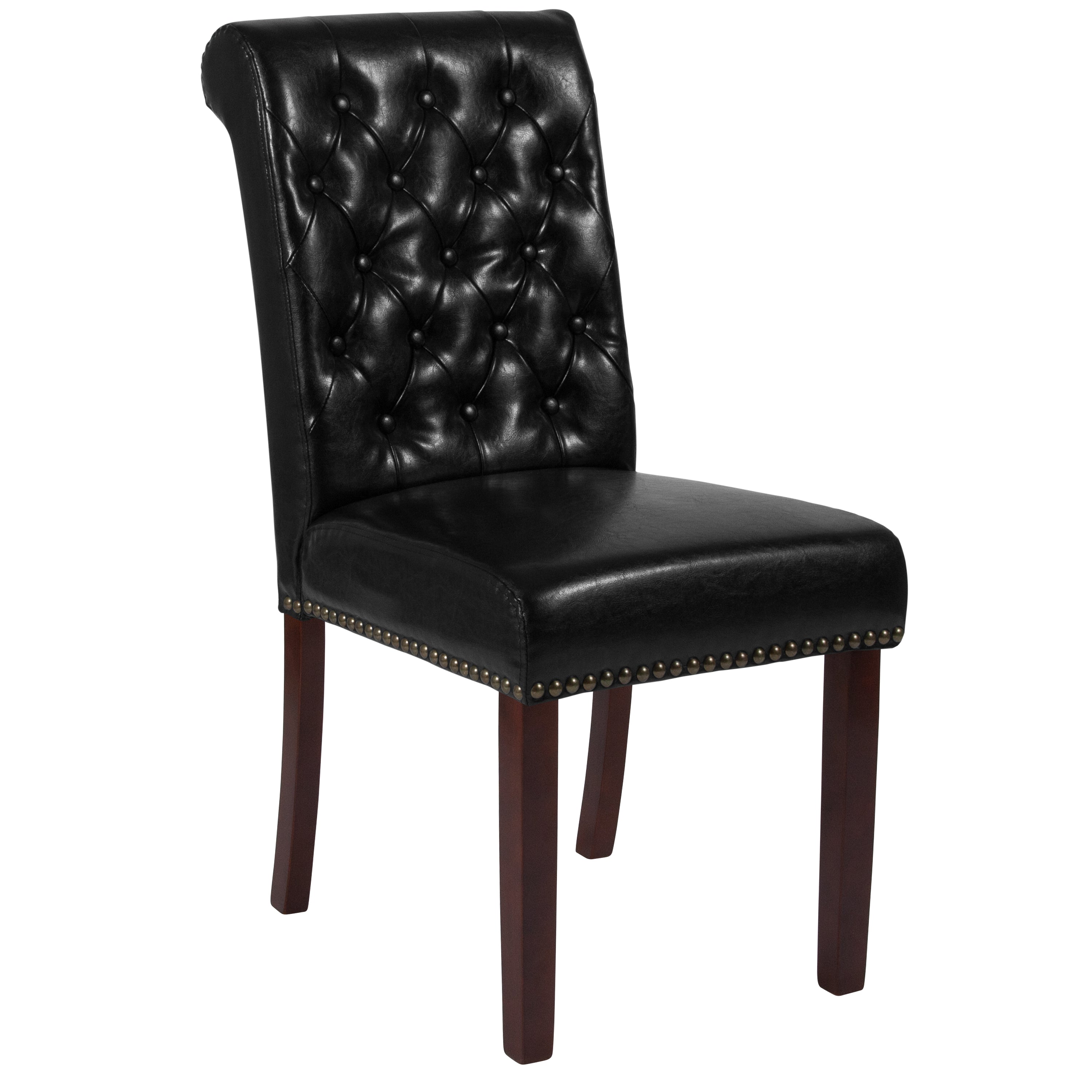HERCULES Series Black LeatherSoft Parsons Chair with Rolled Back, Accent Nail Trim and Walnut Finish