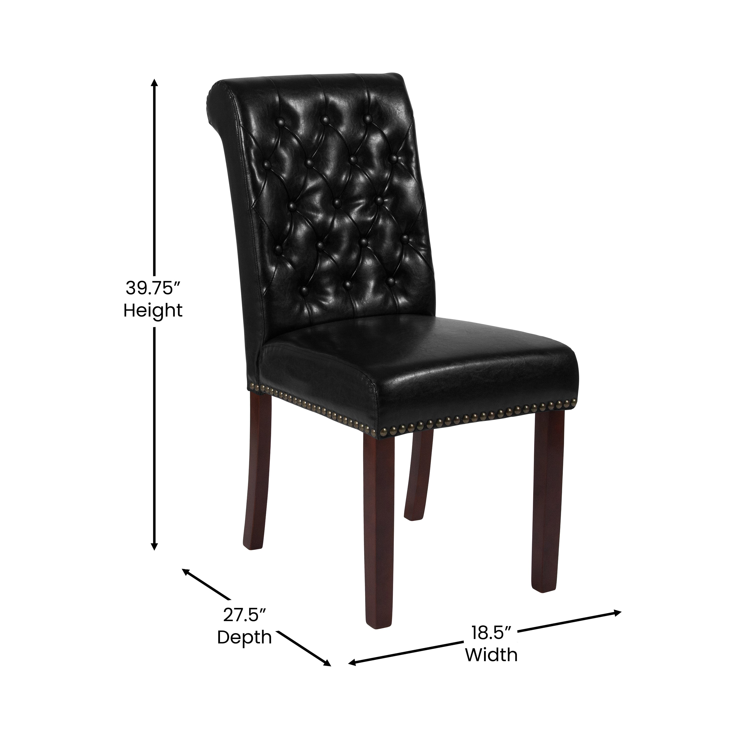 HERCULES Series Black LeatherSoft Parsons Chair with Rolled Back, Accent Nail Trim and Walnut Finish