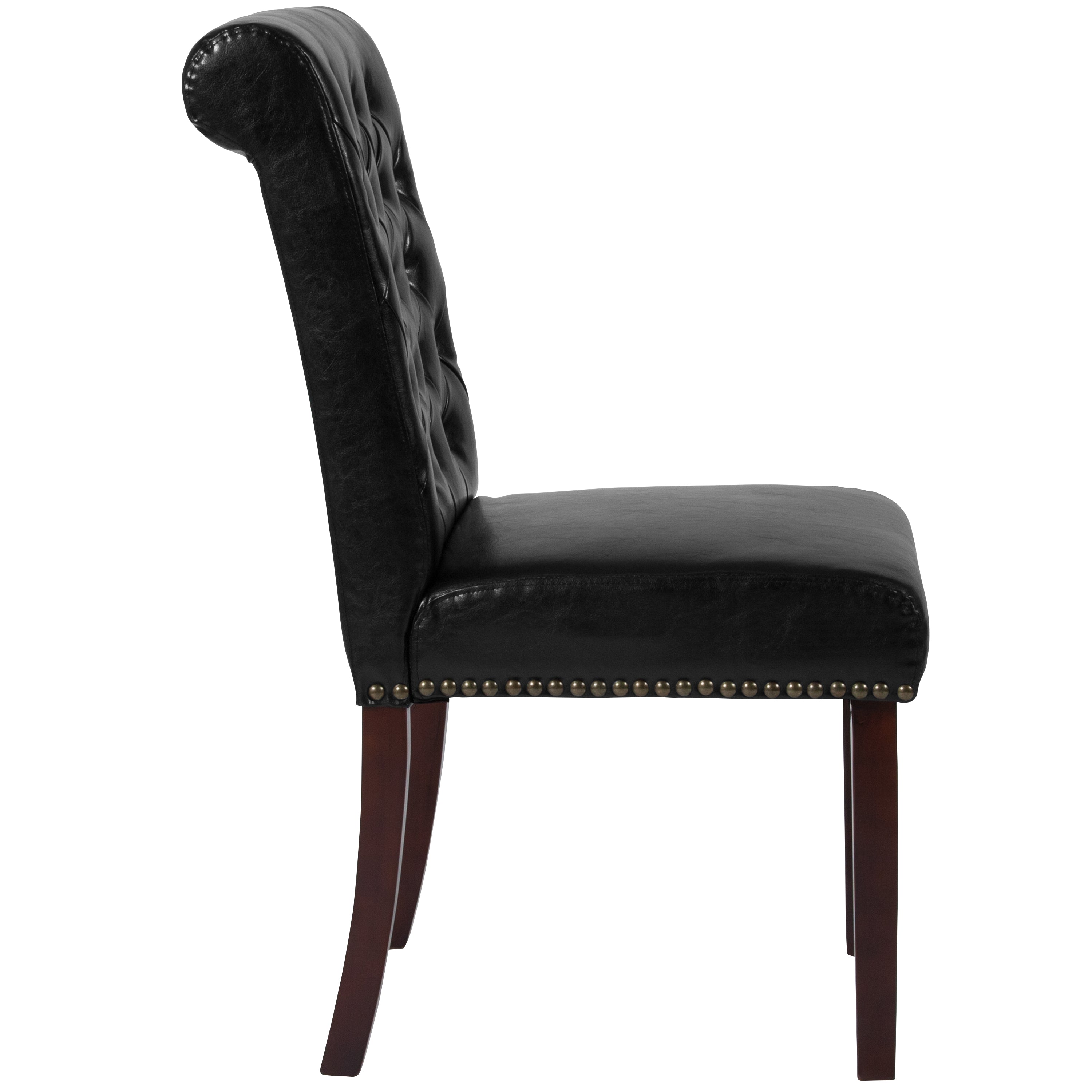 HERCULES Series Black LeatherSoft Parsons Chair with Rolled Back, Accent Nail Trim and Walnut Finish