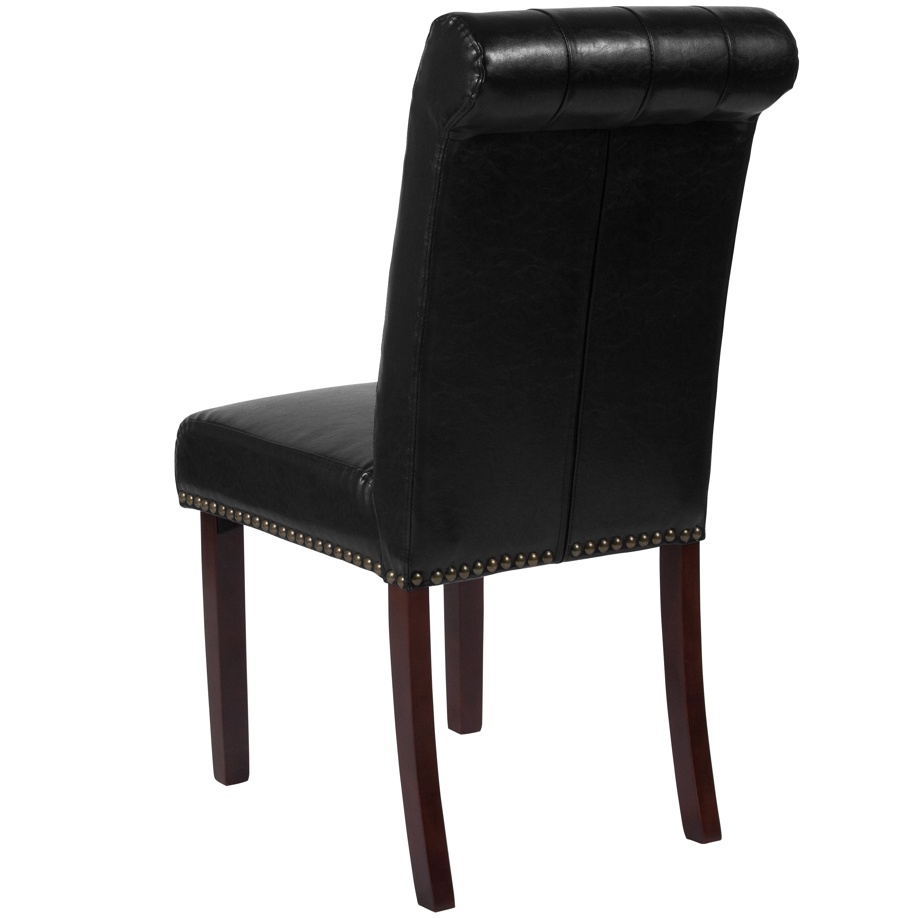 HERCULES Series Black LeatherSoft Parsons Chair with Rolled Back, Accent Nail Trim and Walnut Finish