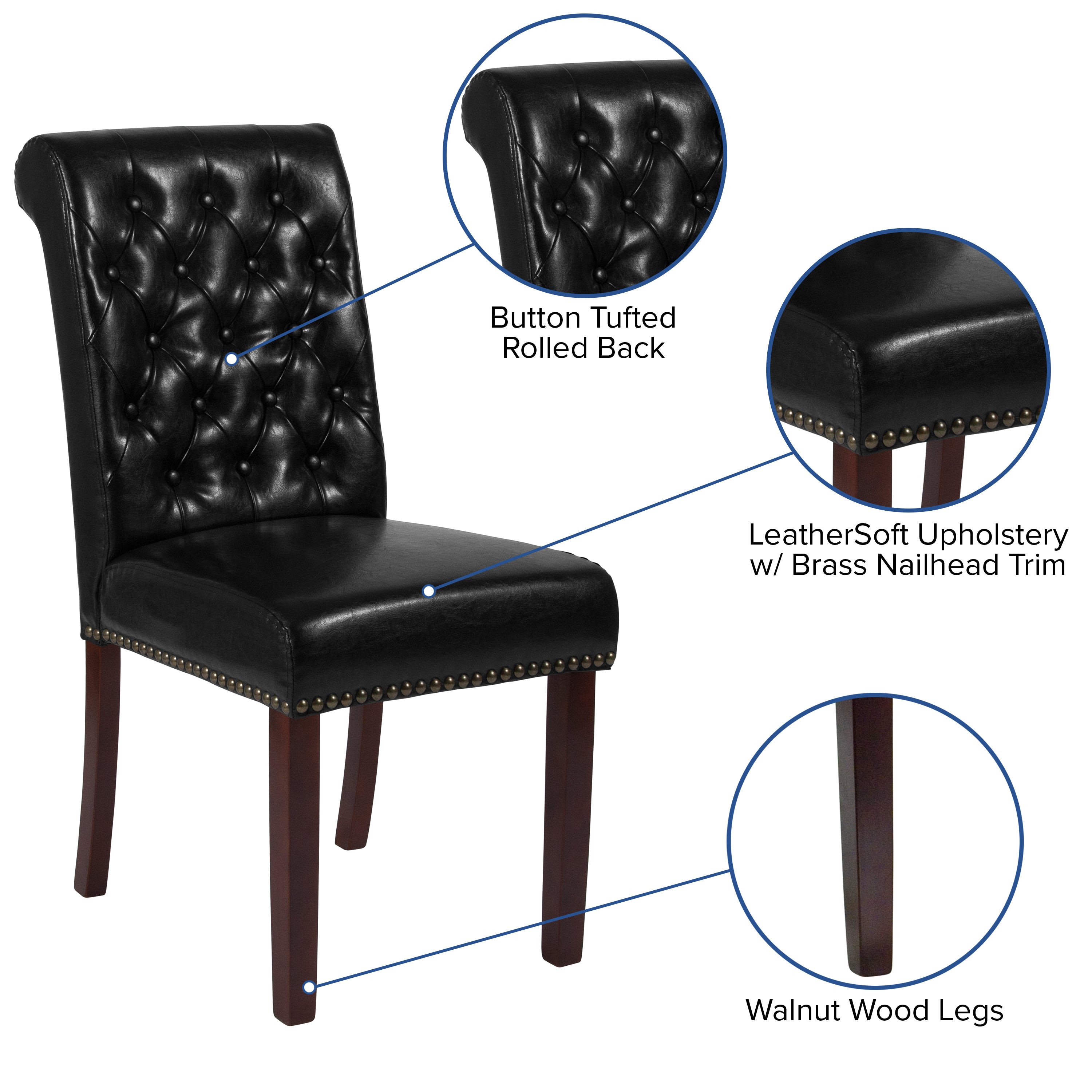 HERCULES Series Black LeatherSoft Parsons Chair with Rolled Back, Accent Nail Trim and Walnut Finish