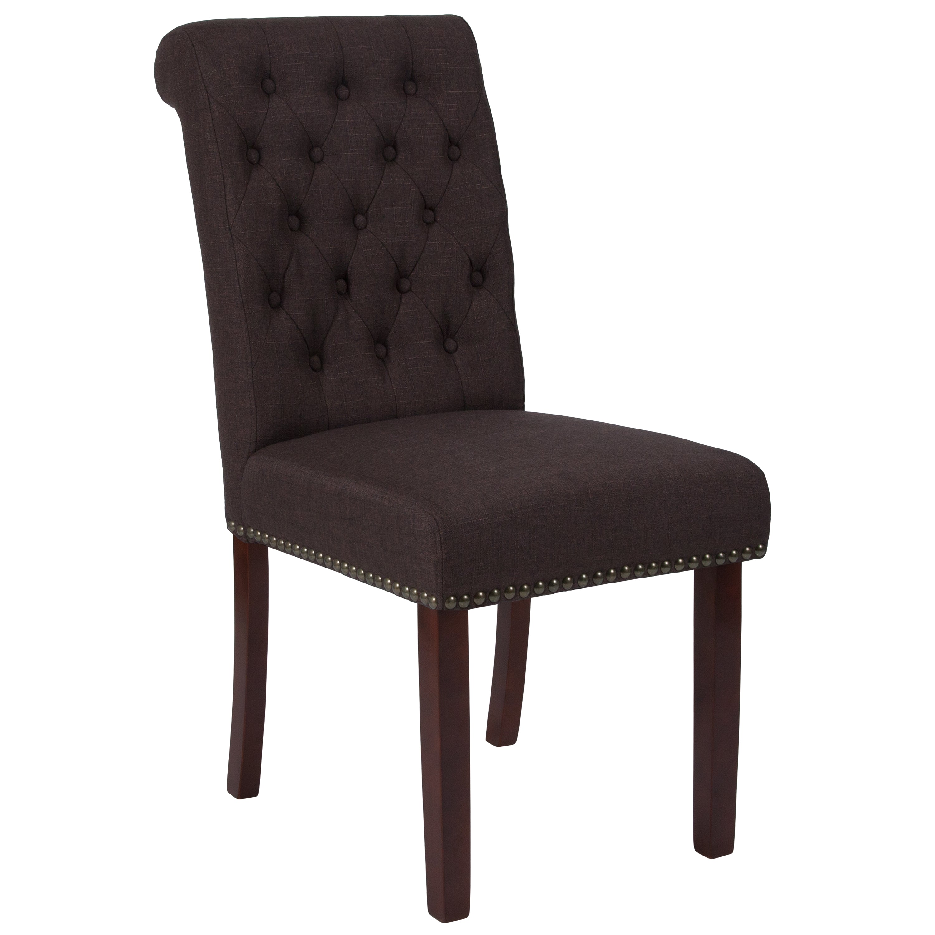 HERCULES Series Brown Fabric Parsons Chair with Rolled Back, Accent Nail Trim and Walnut Finish