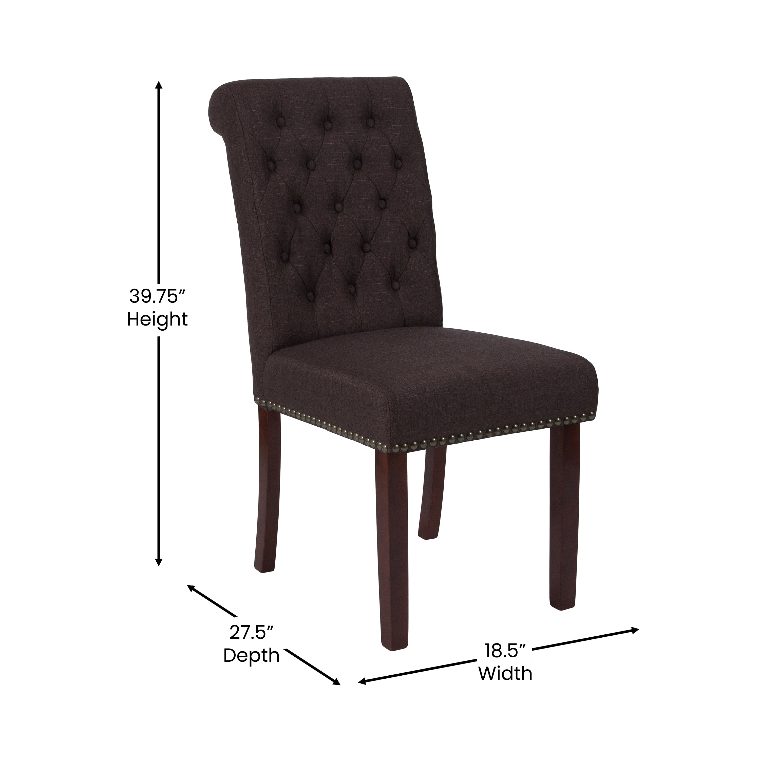 HERCULES Series Brown Fabric Parsons Chair with Rolled Back, Accent Nail Trim and Walnut Finish