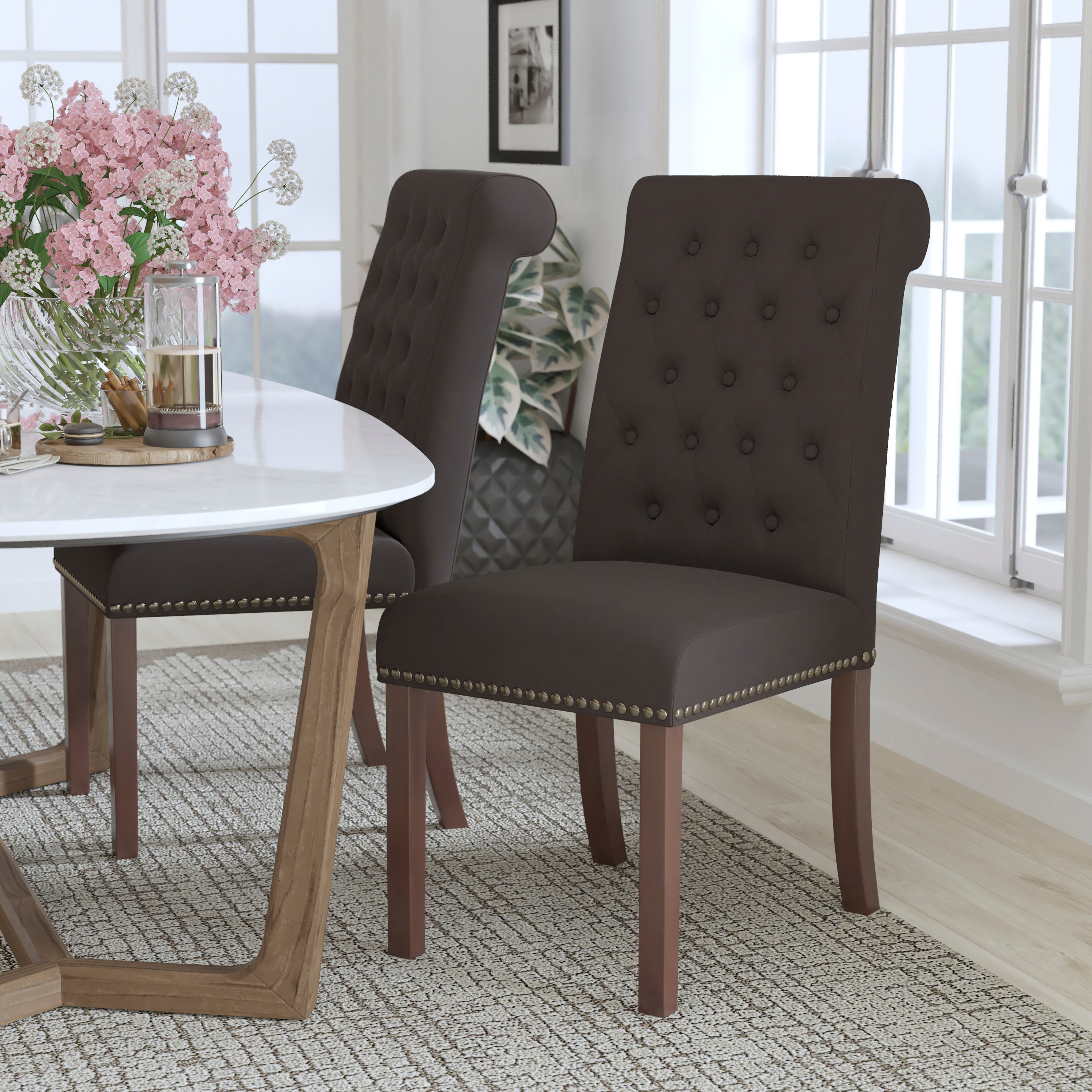 HERCULES Series Brown Fabric Parsons Chair with Rolled Back, Accent Nail Trim and Walnut Finish